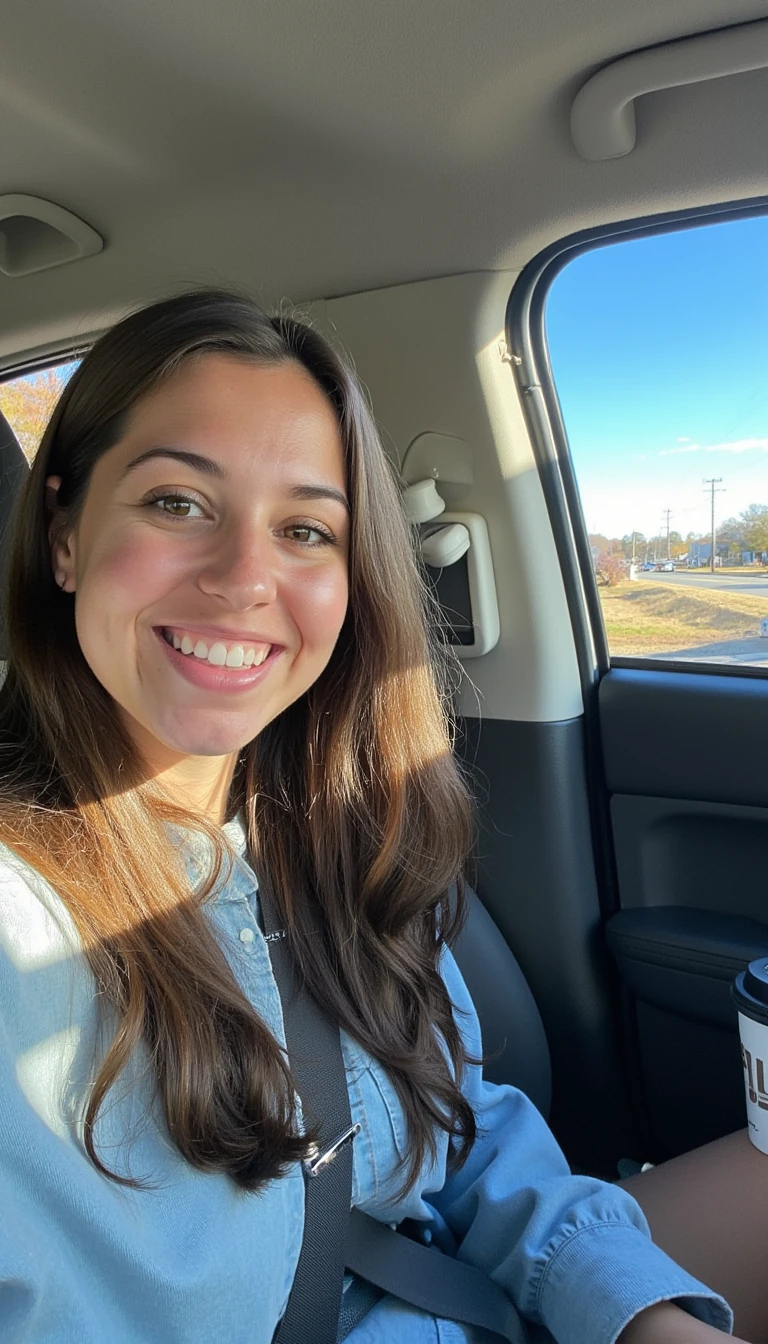 boring low quality snapchat photo circa 2015, A young woman with a warm smile, sitting in the driver's seat of a cozy car. She has soft, wavy brown hair cascading past her shoulders. The sunlight streams through the window, casting a gentle glow on her face. The interior of the car is neat and comfortable, with a coffee cup in the cup holder and a small plant on the dashboard. The background outside the window shows a scenic road lined with trees and blue skies