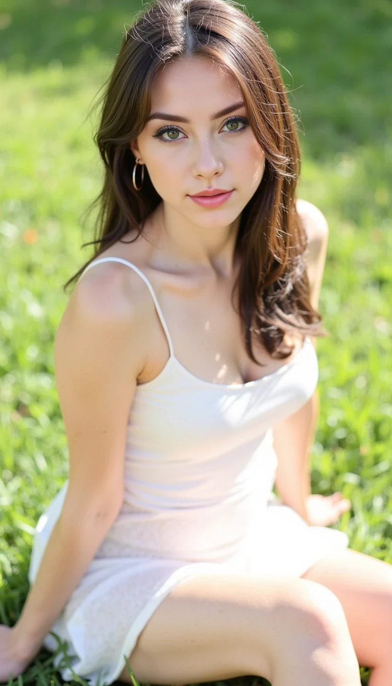 CSTMDL, 1girl, solo, long hair, breasts, looking at viewer, smile, brown hair, dress, brown eyes, bare shoulders, sitting, underwear, closed mouth, thighs, outdoors, day, sleeveless, white dress, lips, see-through, bare arms, bare legs, makeup, sleeveless dress, short dress, sunlight, outstretched arms, lipstick, grass, eyeshadow, legs together, pink lips, nose, photo (medium), sundress, red lips, eyeliner, on ground, armpit crease, knees, mascara, V-shaped morphology