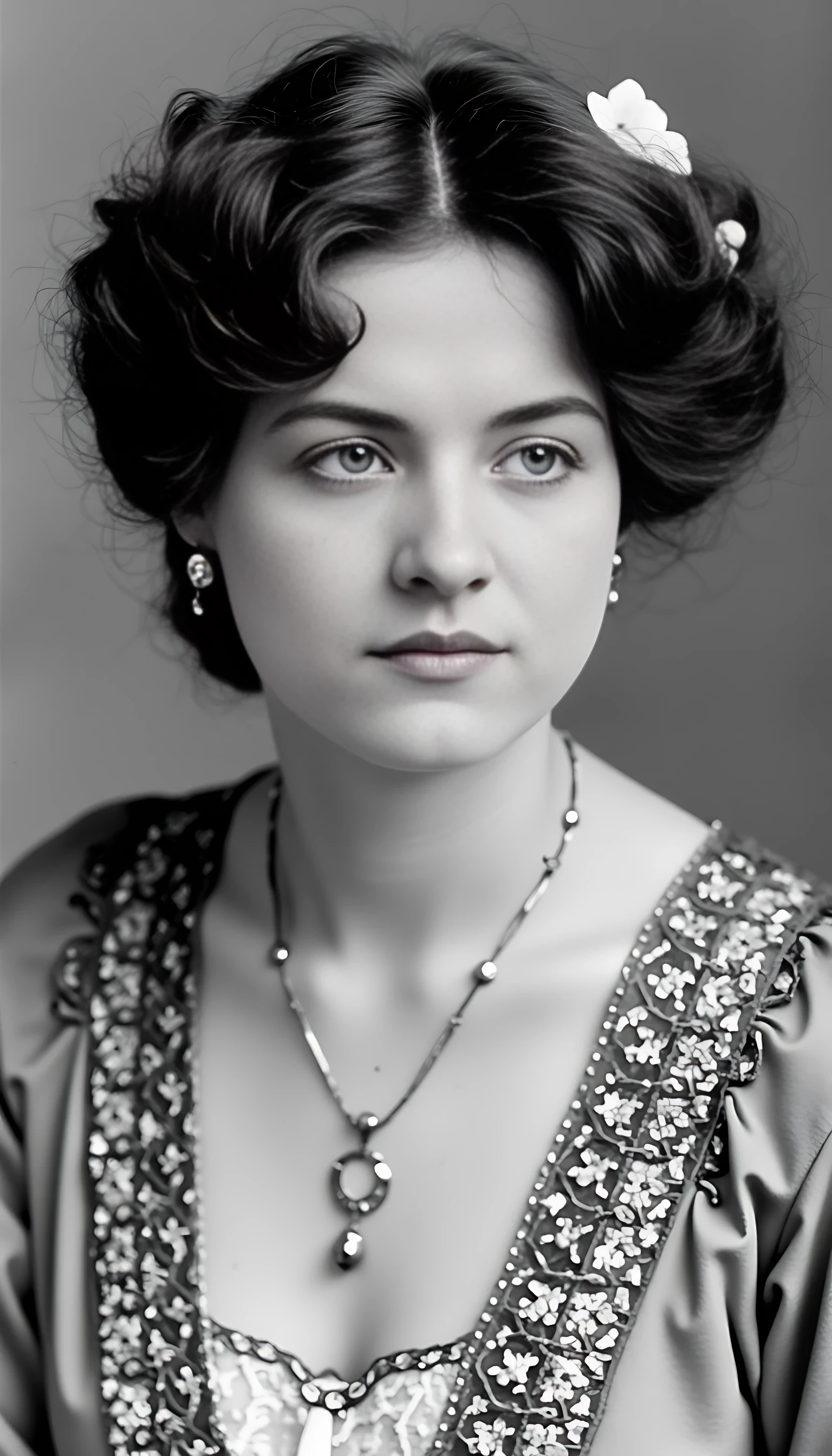 Black and white old worn photography of woman CSTMDL, brunette, ice blue eyes, cold smile, 1900 gala robe, small pendant and jewellery, 1900 haircut