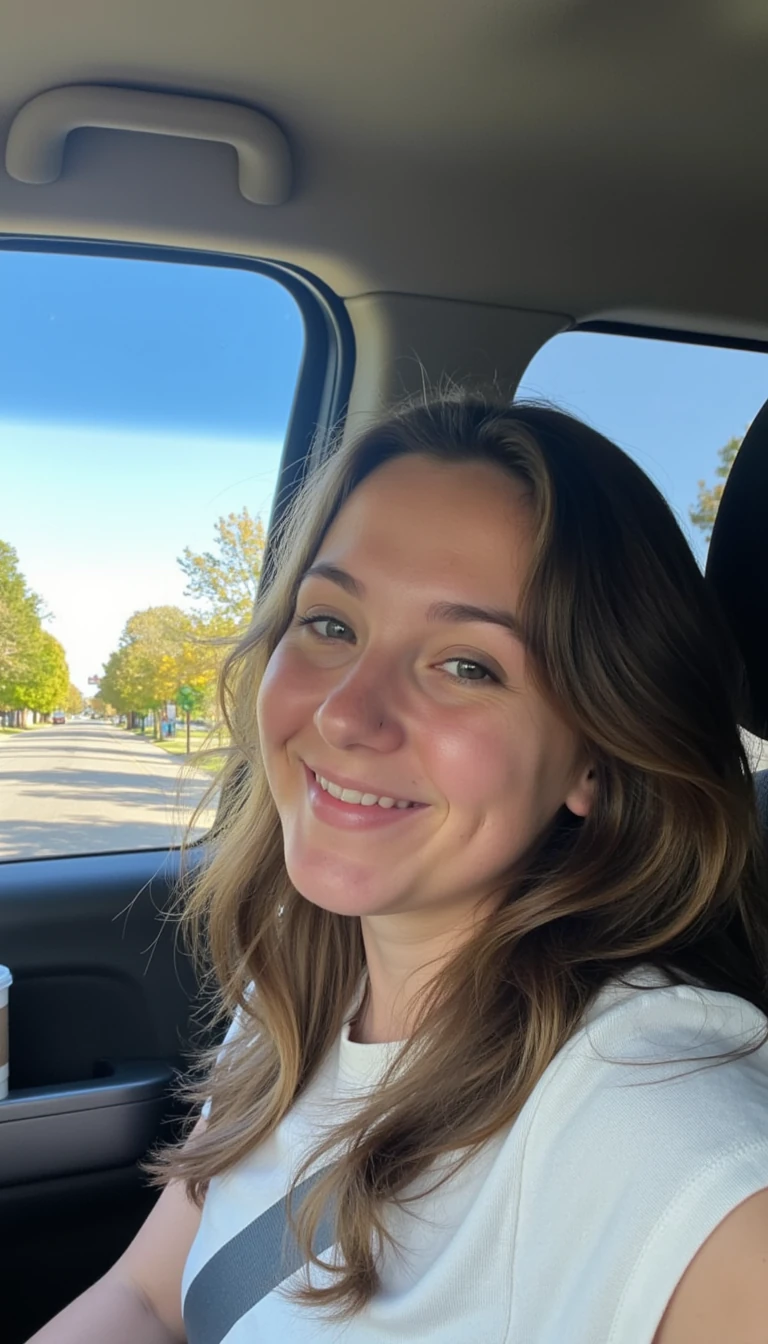 boring low quality snapchat photo circa 2015, A young woman with a warm smile, sitting in the driver's seat of a bcozy car. She has soft, wavy brown hair cascading past her shoulders. The sunlight streams through the window, casting a gentle glow on her face. The interior of the car is neat and comfortable, with a coffee cup in the cup holder and a small plant on the dashboard. The background outside the window shows a scenic road lined with trees and blue skies