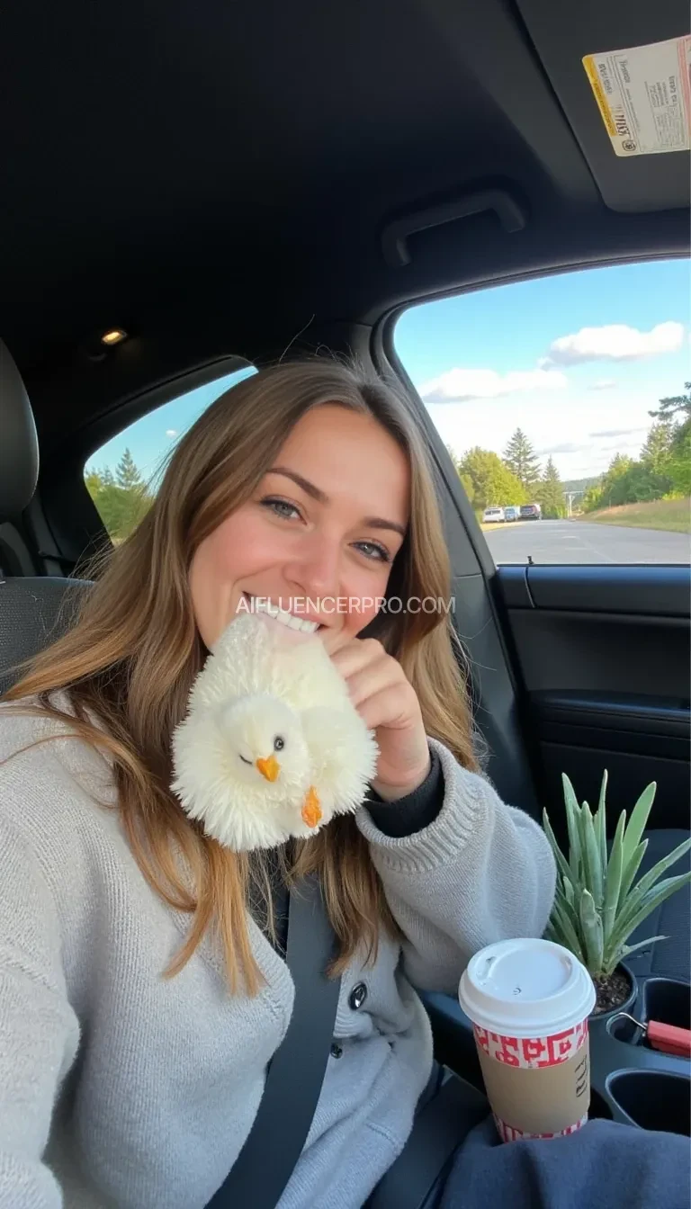 boring low quality snapchat photo circa 2015, A young woman with a warm smile, sitting in the driver's seat of a cozy car. She has soft, wavy brown hair cascading past her shoulders. She is eagerly sucking a large cock. The interior of the car is neat and comfortable, with a coffee cup in the cup holder and a small plant on the dashboard. The background outside the window shows a scenic road lined with trees and blue skies