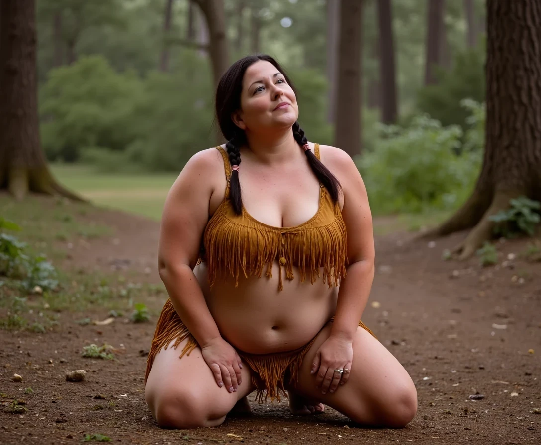 A medium shot photo of woman CSTMDL, a 25-year-old native American woman. The woman who is Native American in appearance has white skin tone, she is tall with a chubby build, huge sized boobs, her nipples are large size and dark pink skinned areolas, She is wearing her hair in a native American style with 2 long braids, She is wearing a sexy native American leather outfit with a fringe breechcloth in a golden yellow color, in a wooded area she is on all fours with her legs spread wide apart, her knees are on the ground, her but is lifted high up, She is looking back maintaining intense eye contact with the camera staring stoically without any other expression at all. The composition captures a casual, candid moment, romantic setting, Hyper realism, captured with a nikon d850, 16k, uhd, ultra-sharp focus, depth of field, perfect meshes and textures, highly detailed, highly accurate reflections, volumetric fog, volumetric lighting, volumetric light, hdr, ray tracing, cinematic shooting style, her entire body is in the frame including her hands which are on the ground 