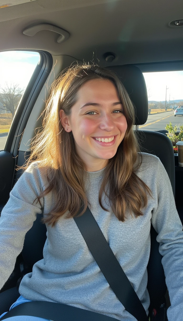 boring low quality snapchat photo circa 2015, A young woman with a warm smile, sitting in the driver's seat of a cozy car. She has soft, wavy brown hair cascading past her shoulders. The sunlight streams through the window, casting a gentle glow on her face. The interior of the car is neat and comfortable, with a coffee cup in the cup holder and a small plant on the dashboard. The background outside the window shows a scenic road lined with trees and blue skies