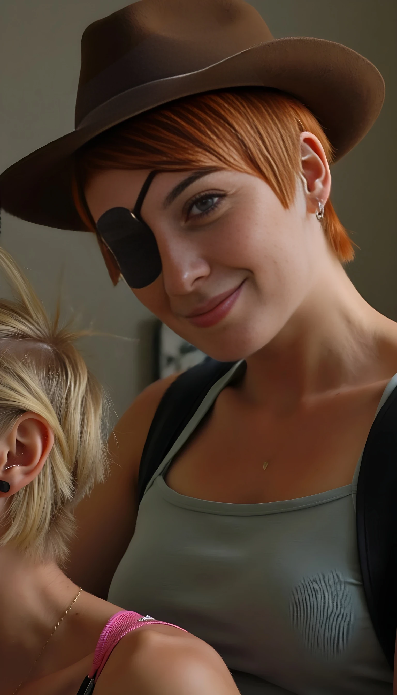 A short natural redhead pixie cut on a women. An eye patch on the just the left eye covering it. A brown cowboy hat. Playful smile. Realistic high quality photo. A short hair blonde sits on a chair. Her hair has just been cut off and she is crying a lot.  The redhead holds the blonde woman’s hair in her hand showing her the hair.