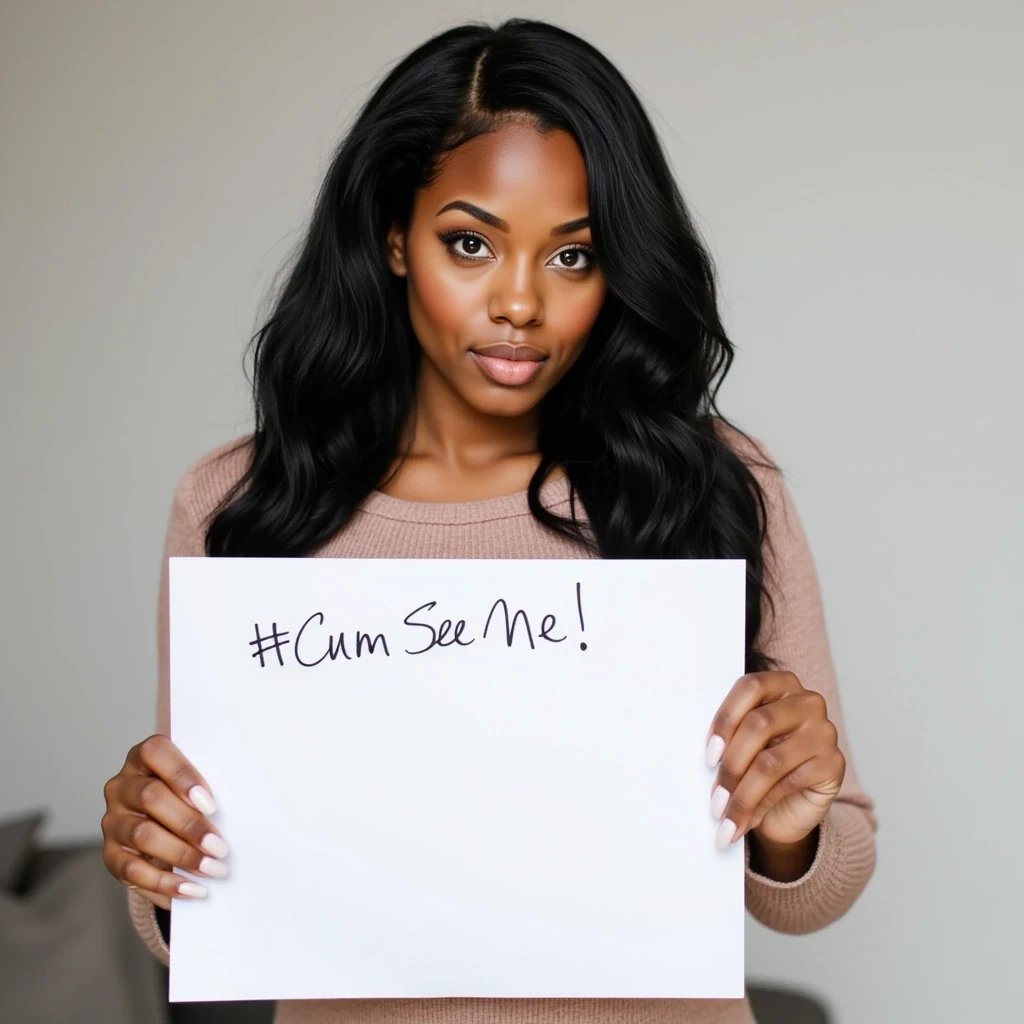 photo of woman CSTMDL, woman holds a sign with handwritten text. She is wearing long sleeves and has neutral makeup. The sign reads "👉👀 Cum See Me 😈💦🔥" followed by "www.fanvue.com/velvetstorm_" in a simple script. The background is a plain, light-colored wall, providing a minimalist and uncluttered setting.

Shot as if on a Canon EOS R5 with a 50mm f/1.2L lens, ISO 100, f/2.8, 1/125 shutter speed, enhanced by natural daylight and a softbox for glowing, lifelike lighting.

She has deep brown almond-shaped eyes and long, wavy black hair flowing over her shoulders styled in light ringlet curls. Her figure is curvy and feminine, with a confident presence. She has large breasts and a big butt. Her fingernails feature a LONG-length squared white French manicure, and her toenails are polished in a matching French pedicure.
