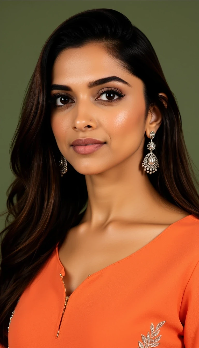 medium shot of CSTMDL, 20 years old indian girl, she has dark brown hair and dark brown eyes

Sharp focus on facial features, High dynamic range, 85mm lens look

stunning Indian woman with an oval face, high cheekbones, elongated features, and a graceful jawline. Deep almond-shaped dark brown eyes, full lips with a soft nude tone, radiant golden-brown skin, and long flowing dark hair. 

Soft dewy foundation with warm undertones, subtle contouring, peach-toned blush on the cheeks, and a golden highlighter on the high points of the face. Bold black eyeliner with a slight wing, kohl applied to the lower lash line, and long thick curled lashes. Neutral warm-brown eyeshadow blended softly across the lids. Well-defined thick eyebrows with a natural arch. Lips painted in a deep rose-matte shade, slightly overlined for fullness. 

A portrait of a woman with an elegant and serene expression. She wears a traditional ethnic ensemble, comprising a richly embroidered orange kurta embellished with intricate patterns, complemented by a matching dupatta draped gracefully over her shoulder. The attire is adorned with delicate silver jewelry, including large statement earrings and an ornate maang tikka on her forehead. The background features a smooth, muted green hue that enhances the vibrancy of her outfit. Lighting is soft yet focused, accentuating her facial features while creating a warm, inviting atmosphere. The composition emphasizes her face and upper body, aligning her slightly to the left of center for a balanced look. The overall styling captures cultural heritage, elegance, and poise, styled in a contemporary manner. Take note of the texture of the fabric and the shimmering quality of the jewelry to highlight luxurious details in the image. This portrait conveys grace and beauty, ideal for showcasing traditional attire in a modern context.

Bright indoor lighting, vibrant colors, Bollywood drama vibe. 

ultra-realistic portrait of a young woman, perfect smooth skin, no wrinkles, no blemishes, soft natural glow, even skin tone, high detail, cinematic lighting, beauty photography, 8k resolution young woman with flawless, smooth, wrinkle-free skin, perfectly even complexion, soft natural glow, poreless texture, s makeup on neck and body
