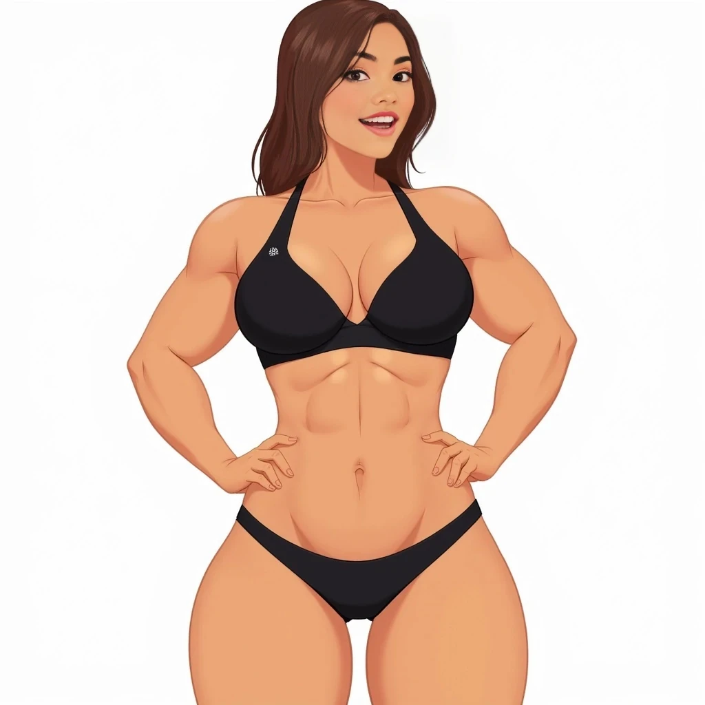 athletic body type with a curvy, hourglass figure. About 5’6” tall with broad, strong shoulders, toned arms, a full chest, a defined waist, and wide hips. Her stomach has visible tone but is soft and natural. Her legs are thick and powerful, with strong thighs and well-defined calves. Her skin is smooth, with a few small freckles visible on her upper arms and shoulders.