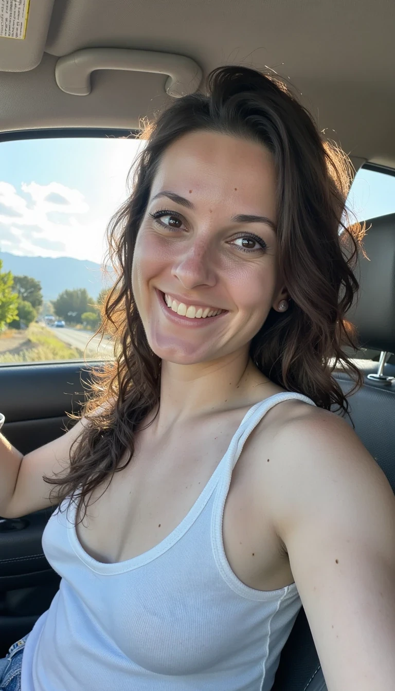 boring low quality snapchat photo circa 2020, A young woman with a warm smile, sitting in the driver's seat of a cozy car. She has soft, wavy brown hair cascading past her shoulders. The sunlight streams through the window, casting a gentle glow on her face. The interior of the car is neat and comfortable, with a coffee cup in the cup holder and a small plant on the dashboard. The background outside the window shows a scenic road lined with trees and blue skies