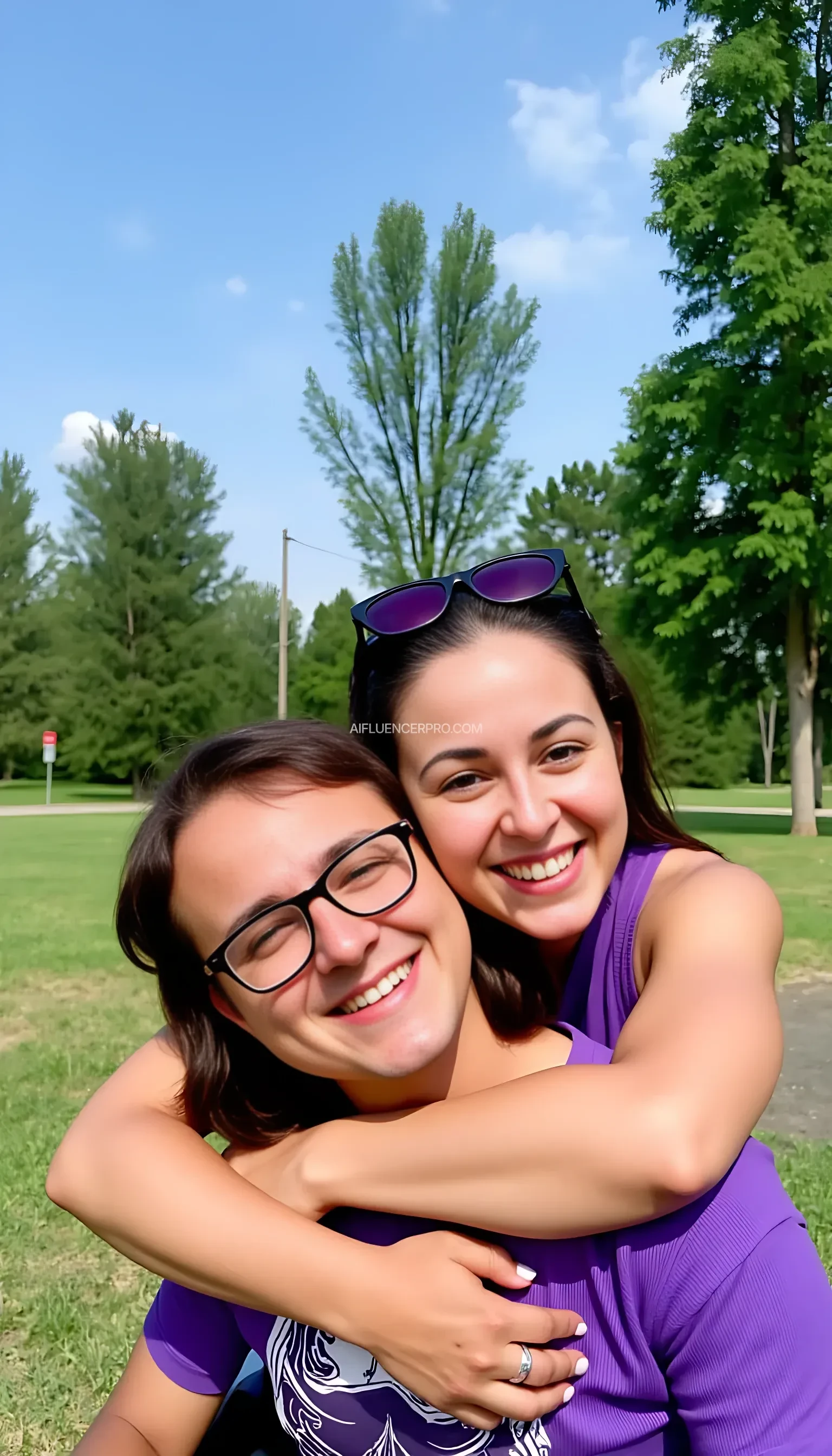 A warm, affectionate scene featuring a couple posing closely together in a lush outdoor setting. The woman, smiling warmly, has her arms lovingly wrapped around the man's shoulders. She wears sunglasses on her head, adding a casual touch to her appearance. The man, wearing glasses and a content expression, is embraced by her from behind. Both are wearing purple clothing. In the background, a serene park landscape unfolds with tall trees and a clear blue sky, capturing the essence of a peaceful, sunny day.