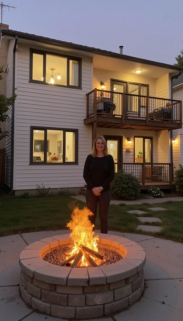 Photo of woman CSTMDL outside at beach house by fire pit at sundown