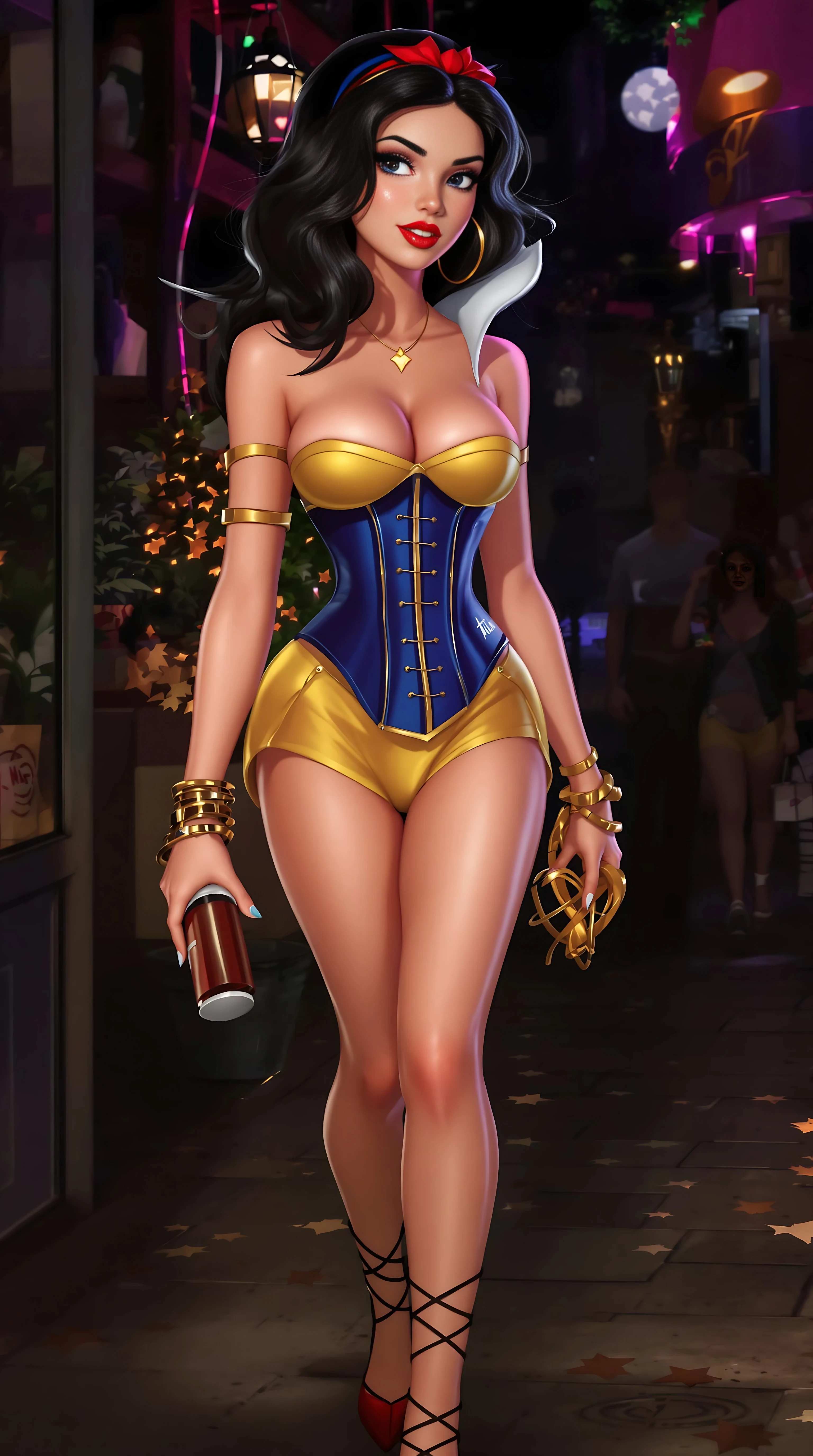 Digital ai art illustration, A modern Disney princess snow white, shes wearing a skin-tight strapless backless corset inspired-style top and a skin-tight short micro tube short skirt, gold armlet, cute bracelet, flat stomach, full ultra-glossy lips, super thin outfit fabric, disney princess snow white was spotted leaving a nightclub tonight, her heels with ankle straps giving her a sluty walk, name necklace, snow white is a baddie and she proved it a bit to much tonight, 