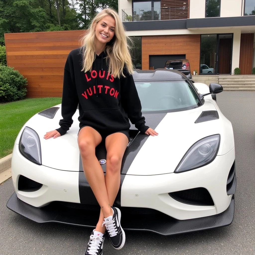 A photograph features a young woman with long soft blonde hair, a fit physique and tan skin, wearing a black hoodie with ‘LOUIS VUITTON’ written in red graphic writing, black shorts, and black-and-white sneakers. She sits on the hood of a white Koenigsegg Regera, one hand resting on her head, smiling. The car is parked in front of a massive luxury modern house with a wooden fence and lush greenery.