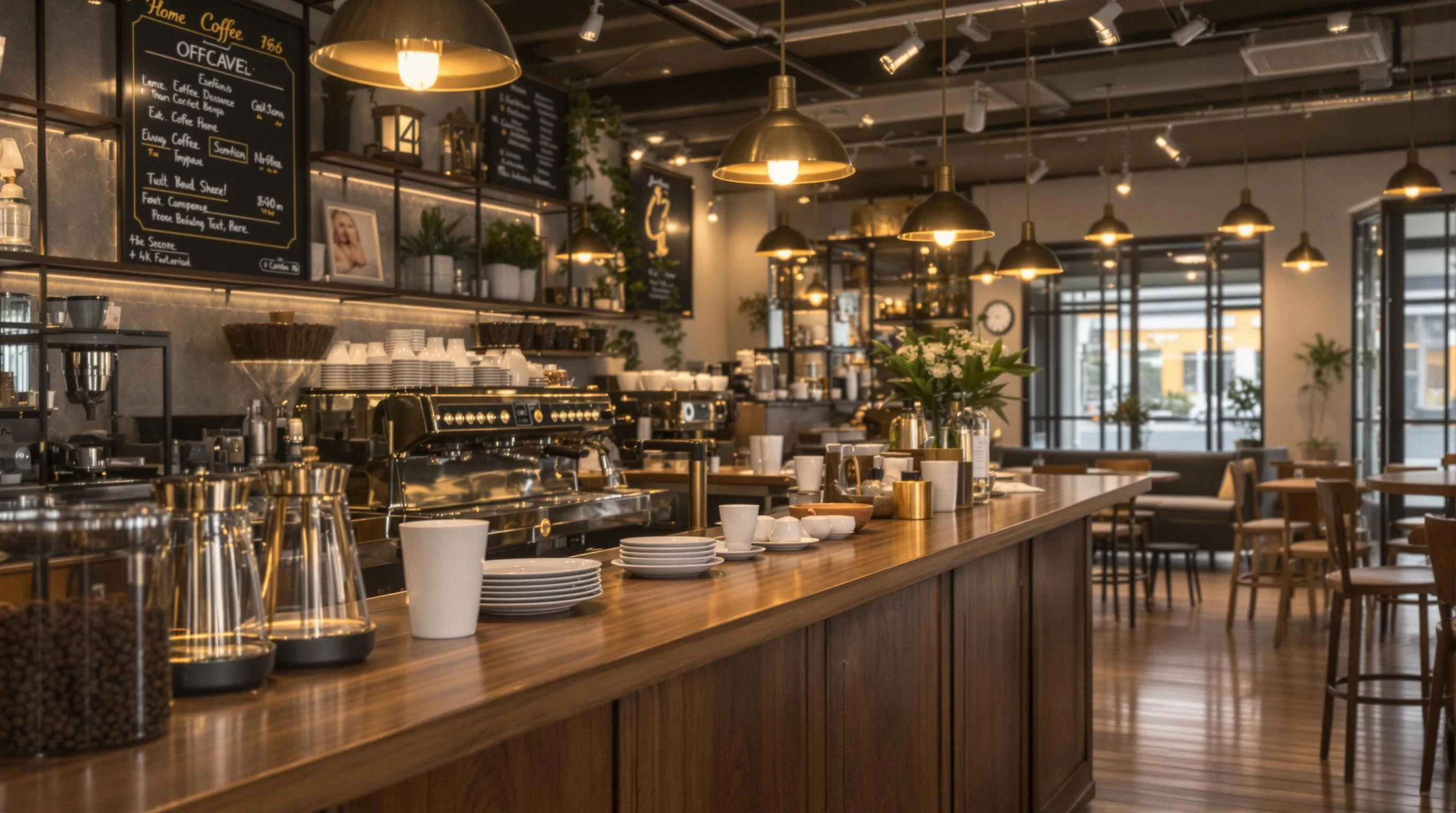"A cozy café interior focused on a stylish coffee bar and countertop, with warm lighting, espresso machine, cups, coffee beans, and elegant decorations. The scene feels calm and inviting, with wood and brass details, and a quiet atmosphere. The background shows a softly lit café space with tables and chairs. Realistic, cinematic, 4K. Text space available on the right."