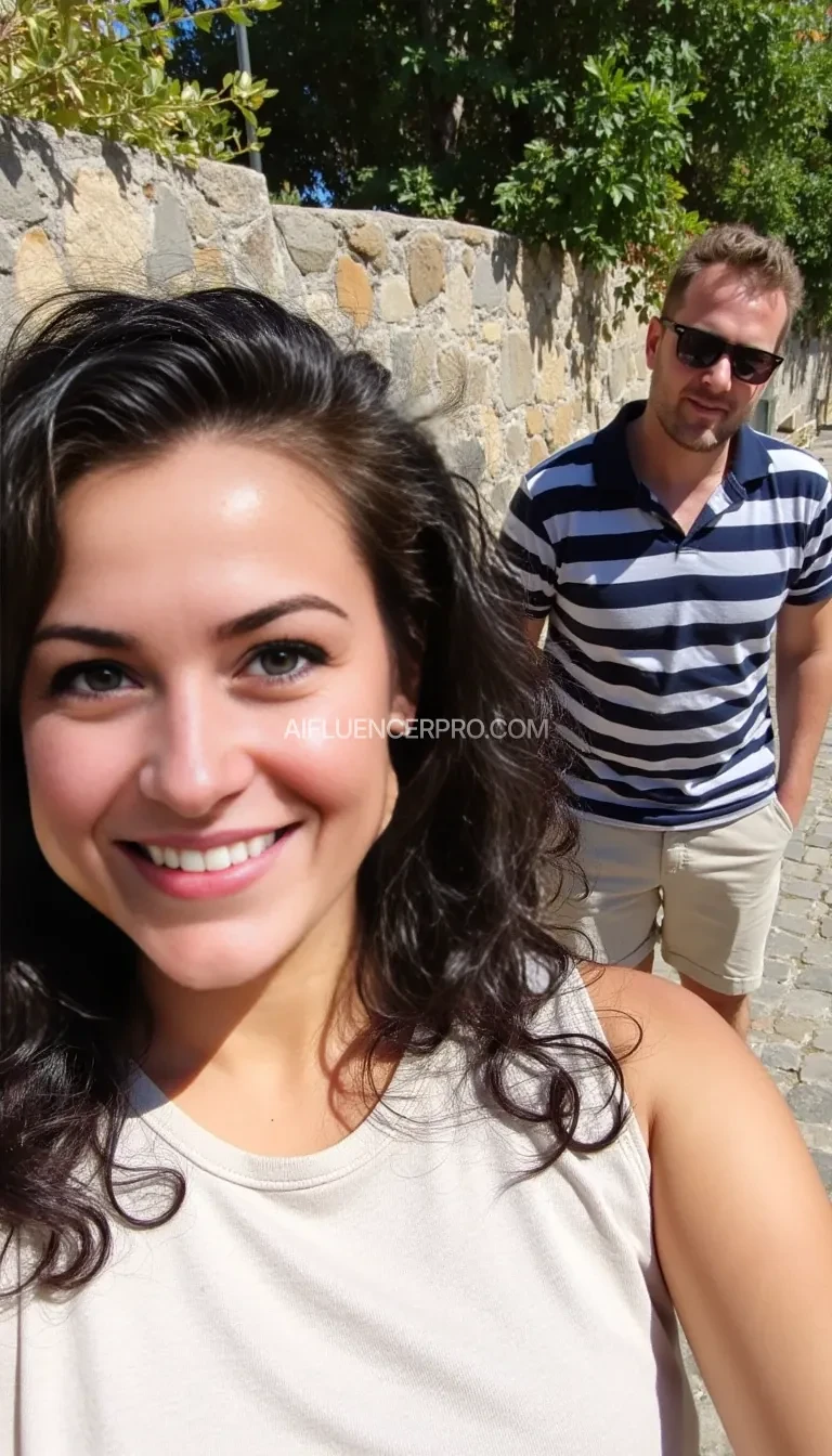 A woman with long, curly dark hair takes a selfie outdoors in bright sunlight. She wears a light-colored sleeveless top, and her facial expression is relaxed and content. Behind her, a man in sunglasses stands on a cobblestone path, wearing a striped navy shirt, beige shorts, and sneakers. The background features a mix of greenery and a stone wall, creating a casual and sunny outdoor setting.