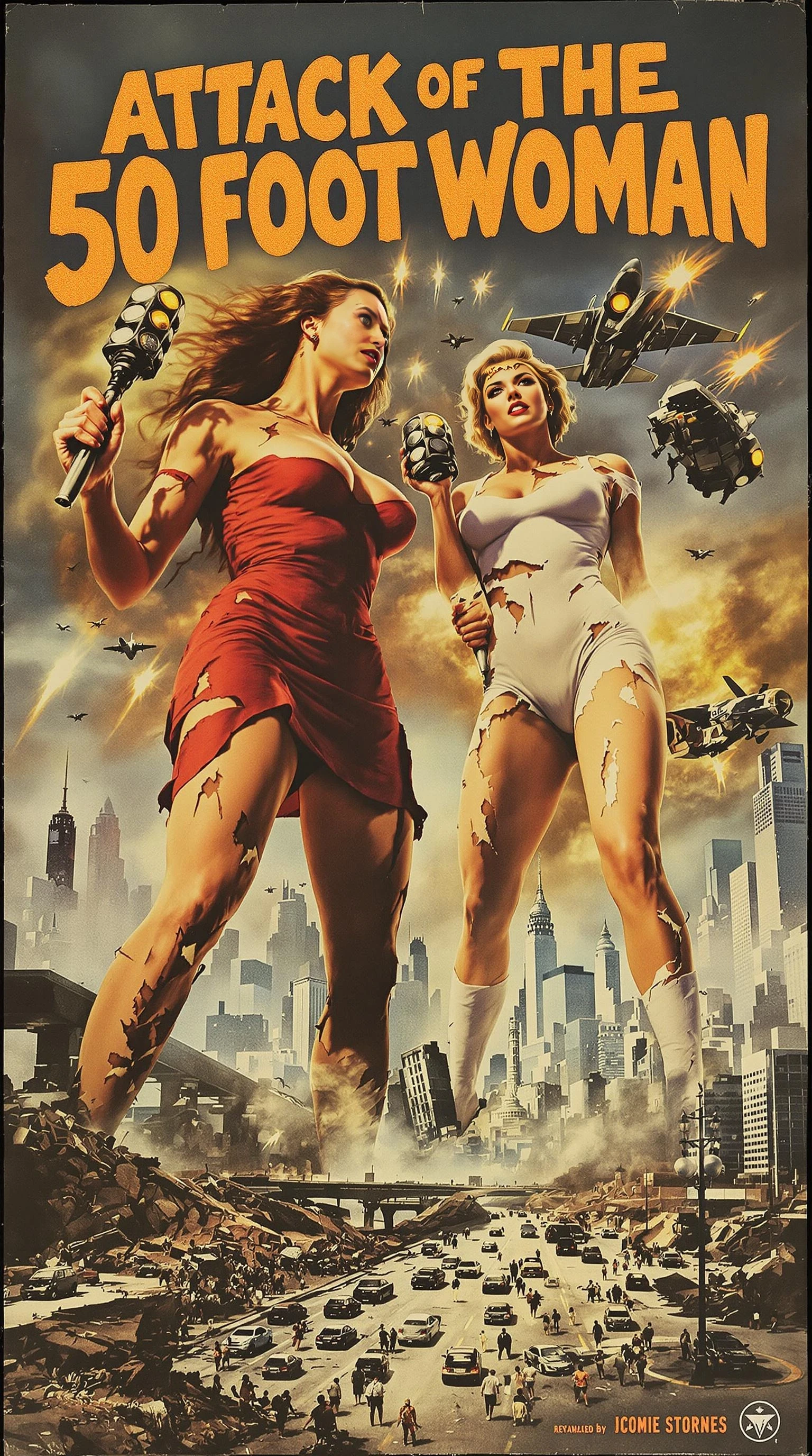 A vintage-style 1950s sci-fi movie poster inspired by „Attack of the 50 Foot Woman“. The scene features two gigantic women towering over a crumbling city, engaged in an epic battle. One woman has a confident, determined expression, wearing a torn red dress, gripping a damaged streetlight as a weapon. The other, in a ripped white outfit, has a fierce look, holding a crushed car in one hand. Fighter jets circle them, firing missiles as civilians flee in panic. The background showcases a cityscape with skyscrapers, some partially destroyed, and a highway filled with overturned cars. The title is displayed in bold, retro-style typography with a distressed, hand-painted look. The overall aesthetic mimics the classic 1950s B-movie poster style, with dramatic lighting, exaggerated expressions, and warm vintage colors