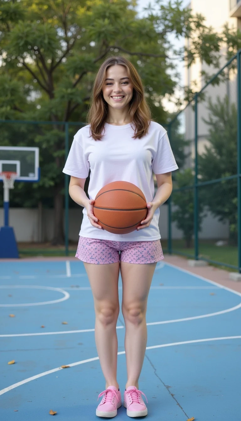 photo of woman CSTMDL , This image shows A vibrant outdoor scene featuring a young woman standing on a basketball court, holding a basketball in her hands. She is dressed in a casual white t-shirt and patterned shorts, complemented by pink sneakers, exuding a sporty vibe. The setting is a well-maintained basketball court surrounded by a chain-link fence, with blurred greenery in the background. The time of day appears to be late afternoon, with soft, diffused sunlight casting gentle shadows that create a warm, inviting atmosphere. The court's blue surface contrasts with the white and pink elements in the scene, while fallen leaves hint at a serene environment. The viewpoint is at eye level, capturing both the subject's relaxed pose and her confident expression, as she tilts her head back slightly with an uplifting smile. The overall composition balances the energetic essence of basketball with a laid-back, youthful spirit, portraying a moment of joy and tranquility in an urban setting.