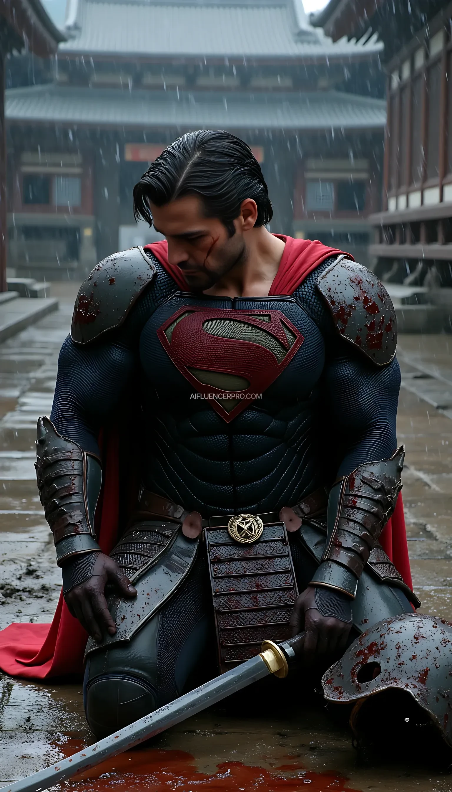 A photorealistic Superman wearing a battle-worn samurai-inspired suit, kneeling in exhaustion after an intense fight. The samurai armor is damaged, with scratches, dents, and torn edges revealing the hardships of battle. The once-pristine metallic plating is smeared with dirt and blood, while the iconic 'S' symbol on his chest remains faintly visible through the grime. His futuristic samurai helmet lies discarded beside him, revealing his disheveled hair and bruised face, marked with determination despite his fatigue. He kneels in a torrential downpour, using his katana to support himself, the blade partially embedded in the wet stone ground. Rain cascades over his battered figure, mixing with blood and mud as it pools around him. The scene is set in an ancient Japanese temple courtyard, shrouded in darkness and lit only by occasional flashes of lightning. Thunder rolls in the distance, adding to the dramatic intensity of the moment as Superman gathers his strength, ready to rise again