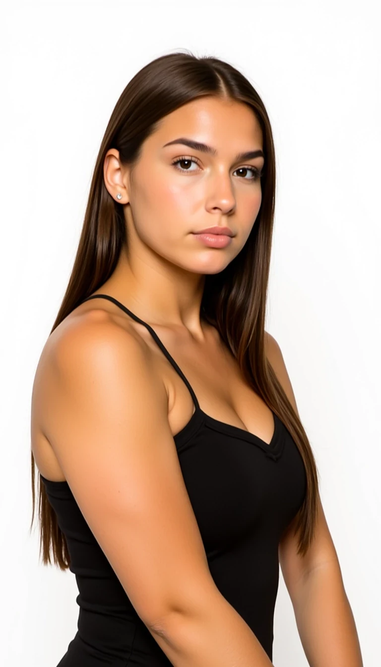 Picture of a CSTMDL
Big tits. Big ass. No hip dips. Fit. Wide hips.
She is an 18-year-old girl with long, smooth, medium-dark brown hair (straight to slightly wavy), parted near the center. Her eyes are large, almond-shaped, and warm brown with full lashes and arched brows. She has an hourglass figure: height ~64 in, bust 36 in (28 in underbust), waist 24 in, hips 39 in. Bust is full and projected, waist narrow and flat, hips broad and rounded with lifted glutes. Thighs are full (~24 in), tapering to proportional calves. Arms are slim (~9 in upper arm), shoulders softly broad and balanced with hips. Neck medium, torso compact with a narrow ribcage, legs long relative to torso. Posture upright with mild anterior pelvic tilt. Skin is smooth, lightly tanned, and even-toned.

Scene / Background
The background is completely white or digitally removed, creating a clean, minimalist presentation that isolates the subject. This approach focuses all attention on expression and pose, with no contextual or environmental details to distract from the framing.

Pose & Camera Angle
The subject is photographed from the shoulders up, directly facing the camera. Their head is slightly tilted, and they’re captured mid-wink with lips pursed as if for a playful gesture. The camera angle is straightforward and symmetrical, producing a balanced composition that emphasizes expression and attitude.

Outfit
The subject is wearing a dark strappy top, simple in design. The contrast between the top and the light background strengthens the clarity of the image and defines the outline of the figure.

Lighting
Even, soft lighting illuminates the face and shoulders, minimizing shadows and giving the skin a natural, smooth tone. The lighting setup seems artificial but diffuse — possibly a ring light or studio source — which contributes to the crispness of the image against the plain backdrop.

Mood / Vibe
The mood is upbeat and flirtatious, conveyed through the wink and pursed lips. The absence of background detail and the direct, centered framing make the gesture feel intentional and stylized — a personality-driven portrait rather than a casual snapshot. The overall vibe leans toward fun self-expression, confidence, and a sense of playful spontaneity.