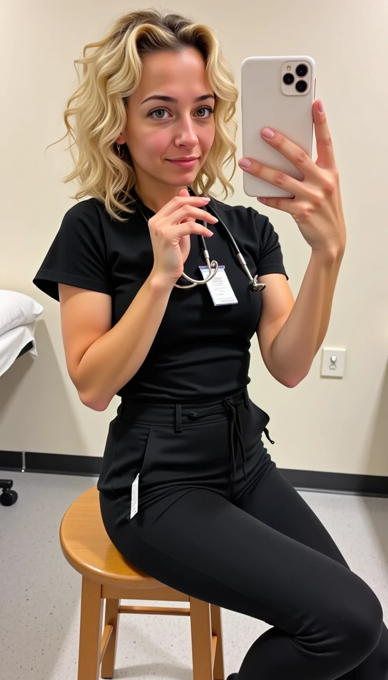 A very sexy mid-30s CSTMDL woman posing indoors in a hospital exam room. She has shoulder length very curly blonde hair and tanned skin. She is thin but athletic and toned. She wears black tight fitting nurse scrubs, with a name tag hanging from her pocket and a stethoscope draped around her neck. Her skin is super realistic. She is seated on a stool with her back arched, playfully pulling on an exam glove. Her facial expression is playful. iPhone portrait. Her body is very sexy. 

