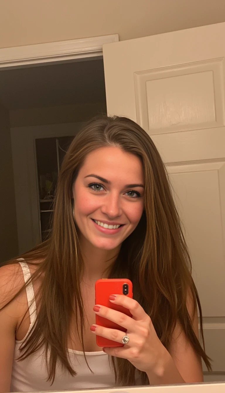 boring low quality snapchat photo circa 2015, A young woman with a warm smile, taking a picture in the mirror in the bathroom and the light is shining on her