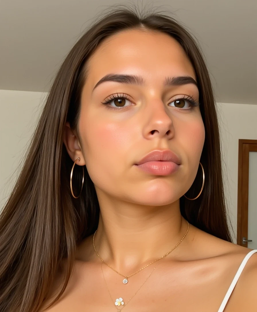 picture of a CSTMDL
Big tits. Large ass. No hip dips. Fit. Wide hips.
She is an 18-year-old girl with long, smooth, medium-dark brown hair (straight to slightly wavy), parted near the center. Her eyes are large, almond-shaped, and warm brown with full lashes and arched brows. She has an hourglass figure: height ~64 in, bust 36 in (28 in underbust), waist 24 in, hips 39 in. Bust is full and projected, waist narrow and flat, hips broad and rounded with lifted glutes. Thighs are full (~24 in), tapering to proportional calves. Arms are slim (~9 in upper arm), shoulders softly broad and balanced with hips. Neck medium, torso compact with a narrow ribcage, legs long relative to torso. Posture upright with mild anterior pelvic tilt. Skin is smooth, lightly tanned, and even-toned.
Scene/Background:
The photo is taken indoors in a softly lit space with neutral tones. Part of a light-colored wall and ceiling, along with subtle architectural details, can be seen faintly in the background, though the focus remains entirely on the subject.

Pose & Camera Angle:
The image is a very close-up portrait, capturing only the face and upper neckline. The subject’s head is tilted slightly, and she is looking off to the side with her tongue pressed gently against her upper lip. The playful, candid gesture adds personality to the otherwise polished framing.

Outfit & Accessories:
Visible accessories include chunky gold hoop earrings and a delicate gold chain necklace with a clover-shaped pendant in a pale, pearly white finish. These jewelry pieces add elegance and contrast against her skin tone, standing out despite the minimalist framing.

Lighting:
The lighting is soft and natural, creating a gentle glow on her skin. Highlights emphasize the smooth texture of her cheeks and the glossiness of her lips, while subtle shadows under the jawline and chin add depth to the portrait.

Mood/Vibe:
The mood is playful, bold, and fashion-forward. The close-up angle paired with expressive details—like the jewelry and facial expression—gives the shot an editorial quality, blending casual spontaneity with a polished, high-fashion aesthetic.