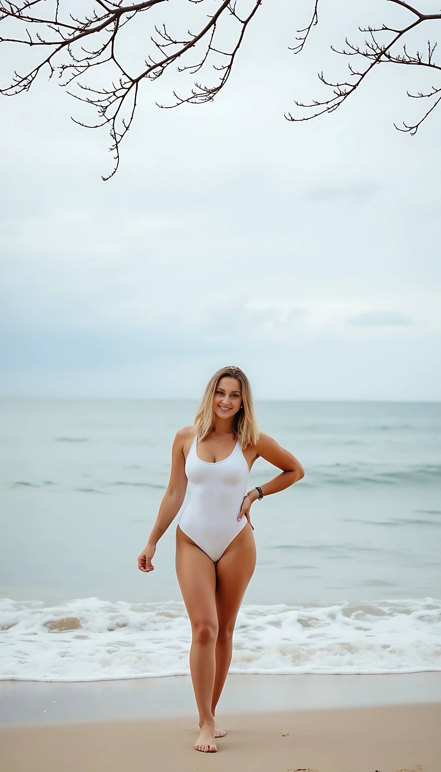 A serene beach scene featuring a woman in a white one-piece swimsuit standing barefoot on the sand. She smiles gently, with medium highlighted hair falling over her shoulders. The ocean waves gently lap at the shore, and the sky is cloudy, suggesting an overcast day. Leafless branches stretch across the top of the frame, adding a contrasting texture to the soft, natural backdrop of the sea and sky.