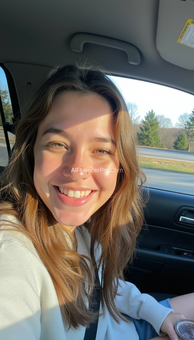 boring low quality snapchat photo circa 2015, A young woman with a warm smile, sitting in the driver's seat of a cozy car. She has soft, wavy brown hair cascading past her shoulders. The sunlight streams through the window, casting a gentle glow on her face. The interior of the car is neat and comfortable, with a coffee cup in the cup holder and a small plant on the dashboard. The background outside the window shows a scenic road lined with trees and blue skies