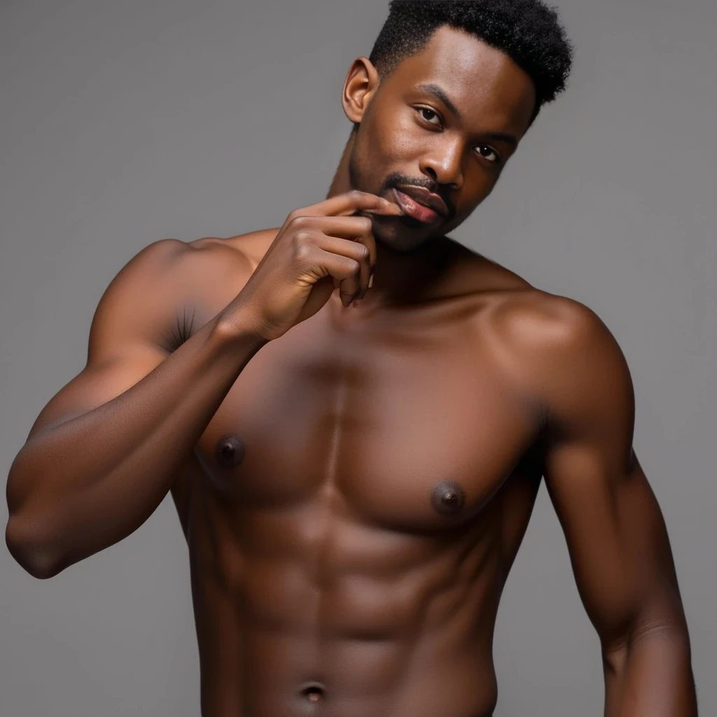 6foot 2 black male, brown eyes medium tight curled shape up high top hair, make naked, with an 8 pack, big arms, 10inch dick, holding his dick in his hand and biting his lip, 