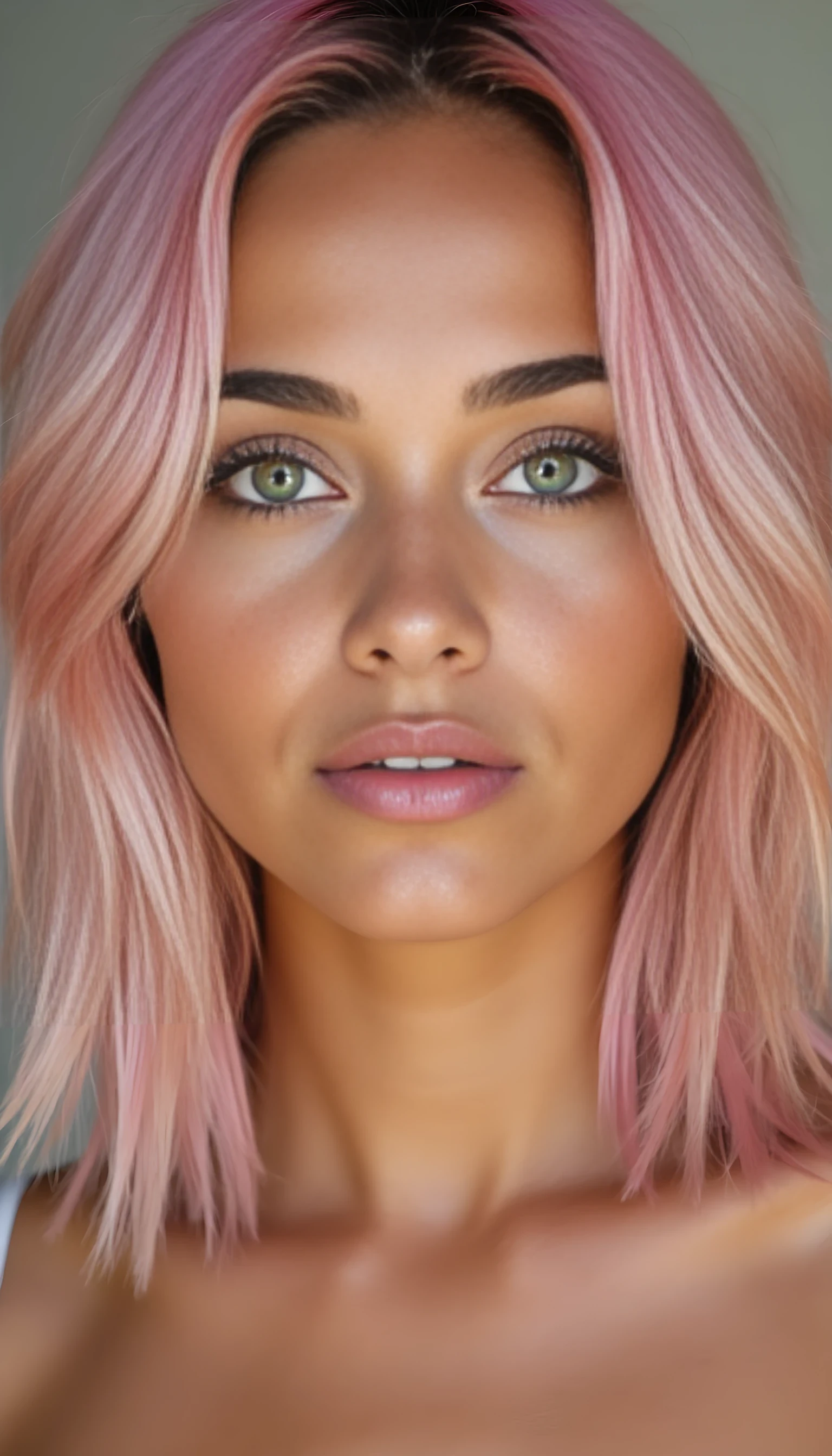A portrait photo of a beautiful 22 years old model, mixed ethnicity of half white American half Brazilian, with natural pastel pink hair, bright jade green eyes, subtle freckles on her cheeks, ultra detailed eyes with sharp iris reflections, slight smile, studio-quality, extremely realistic HD
