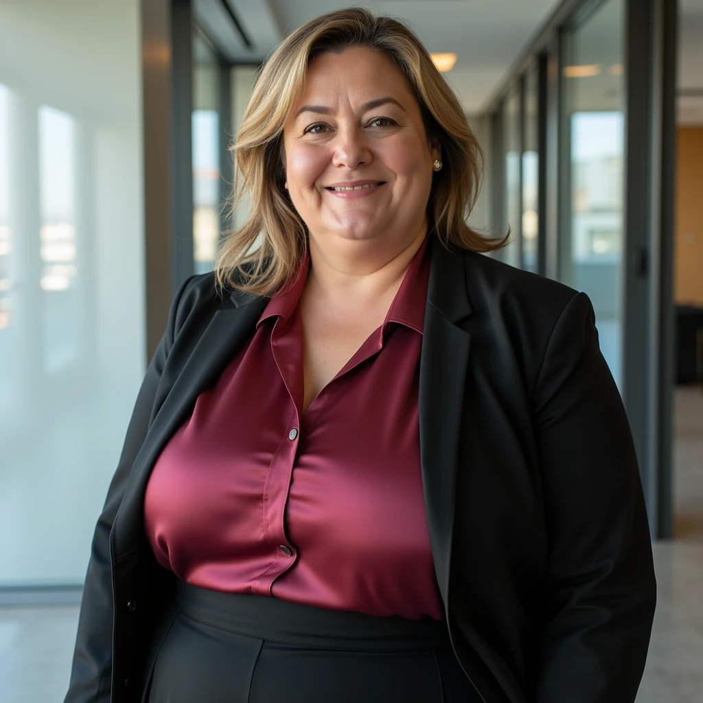 score_9, photorealistic half-body portrait of a mature woman with chubby hourglass body, unnaturally large bust (hyper bust, L–M cup), fuller face with rounded cheeks, wearing a fitted silk blouse and blazer, modern office background