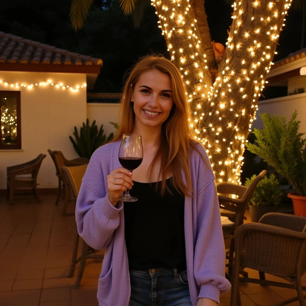 A full body shot photo of a woman standing outdoors at a cozy, warmly lit patio in the evening, with soft, glowing lights wrapped around a tree behind them creating a charming atmosphere. The image is rich in detail, with warm tones and clear textures throughout. The woman has fair skin, a slim build, and long reddish-blonde hair, also worn loose. She is smiling warmly at the camera, holding a glass of red wine in her right hand, and wears a soft-textured lavender cardigan over a black top. The background features a large tree with sparkling string lights wrapped around its trunk and branches, adding a magical touch to the scene. The setting suggests a private outdoor seating area, with elements like terracotta-tiled roofing, greenery, and rattan chairs contributing to a serene, inviting vibe. The overall composition is balanced, with the woman framed against the softly glowing tree, and the lighting enhances the warm, intimate feel of a quiet evening shared among friends. The details are vivid, with textures of clothing, skin, and background elements clearly visible, while the warm lighting creates a relaxed and joyful mood
