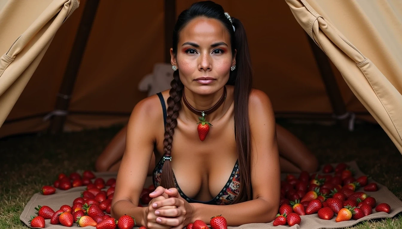 photo of woman CSTMDL, a medium photo of a 25-year-old native American woman. The woman who is Native American in appearance has light tan skin tone, she is tall with a petite slender skinny build, petite small boobs, flat chest, her nipples are small petite and dark skinned with long hard pointy nipple ducts that visiblly poke through her bra. She is wearing her hair in a native American style with 2 long braids. She is wearing real strawberry earrings. She is wearing a wide leather choker with a strawberry hanging from it. She is wearing a top that consists of real strawberries, a strawberry over each breast, they only cover her nipples. She is kneeling posing seductively on the ground with legs spread wide apart, her pussy towards the camera. She is maintaining intense eye contact with the camera staring stoically without any other expression at all. The composition captures a sensual lustful moment between lovers in a tipi 