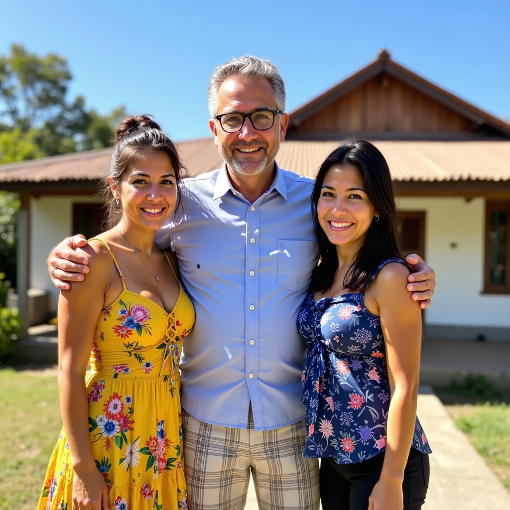 A medium shot photo of three people a man and two women posing happily in front of farmhouse in colombia under bright natural light. The image has a vibrant color palette, clear blue sky enhancing the cheerful atmosphere. The man, who appears to be latino with an older appearance, has a medium build and light skin with a slight tan. He wears glasses, a light blue button-up shirt, and plaid shorts, smiling warmly while standing between the two women. On his right, a woman with fair skin and black hair tied back is wearing a yellow sundress with colorful floral patterns; she leans slightly towards him, smiling at the camera. On his left, the other woman, also with fair skin and black hair tied back, wears a blue patterned blouse and dark trousers, leaning in with a broad smile. The bright sunlight casts soft shadows, creating a lively, clear atmosphere. The setting is a farmhouse in colombia. The image captures intricate details with high clarity, and the bright lighting emphasizes both the subjects and the scenic backdrop, evoking a warm and joyful moment shared among family or friends