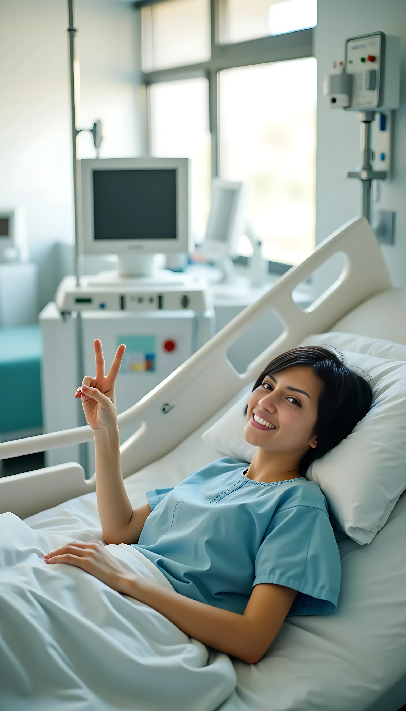 boring low quality snapchat photo circa 2015, cute woman, short black hair, lying in a hospital bed, wearing a neatly pressed hospital gown, making a victory sign with her fingers; surrounded by modern medical equipment including advanced monitors, IV stands, and sterile white furnishings; soft sunlight filters through partially drawn blinds, creating a gentle and hopeful glow; high-resolution, cinematic framing, soft bokeh effect, realistic textures, vibrant colors, 8K quality.

