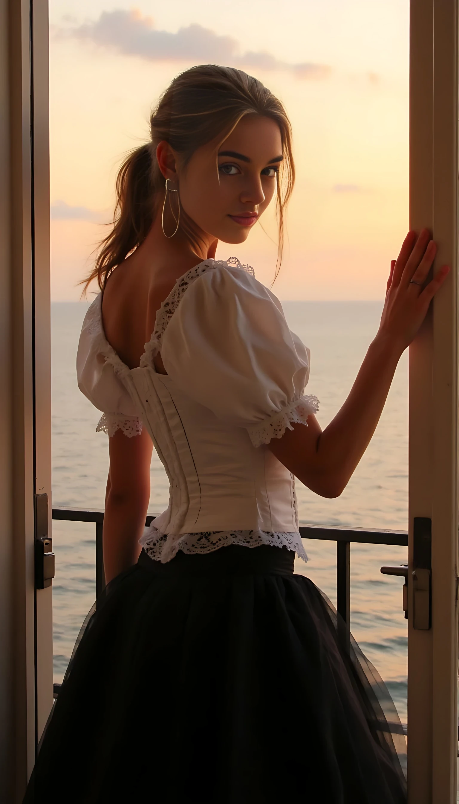 ultra realistic, 19 year old slavic girl dressed in a white classy corset, a black skirt, leaning against balcony overlooking the ocean sunset, hair in a ponytail, facing the camera. perfect hands, perfect arms, highly detailed face IMG_1018.HEIC