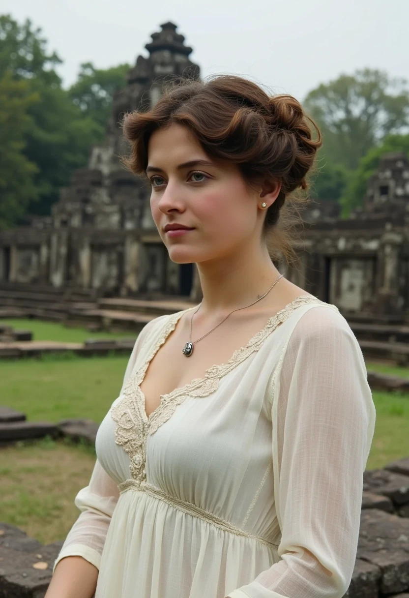 Medium shot of woman CSTMDL, brunette, small pendant, no watch, no ring, hair tied, blue eyes, vintage early 1900 white dress. Her dress is covering and chaste but reveals and highlights her sexy curves
She’s working as an archaeologist at Angkor temple. Khmer ruins in the jungle are in the background 
