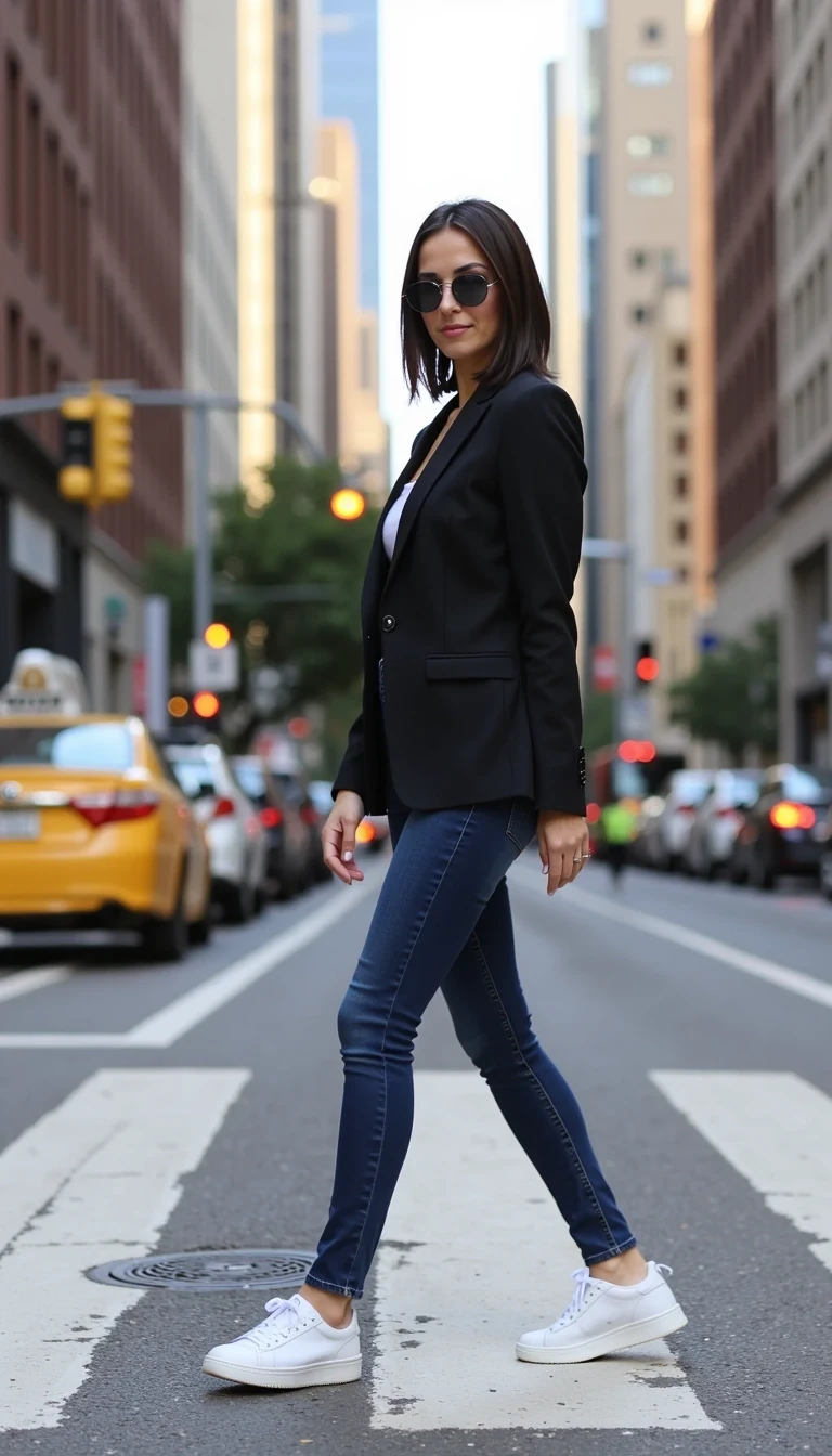 CSTMDL Nyxie 2 walking confidently across a crosswalk in New York City, dressed in a trendy oversized blazer, sunglasses, and sneakers, with blurred taxis and skyscrapers behind her.