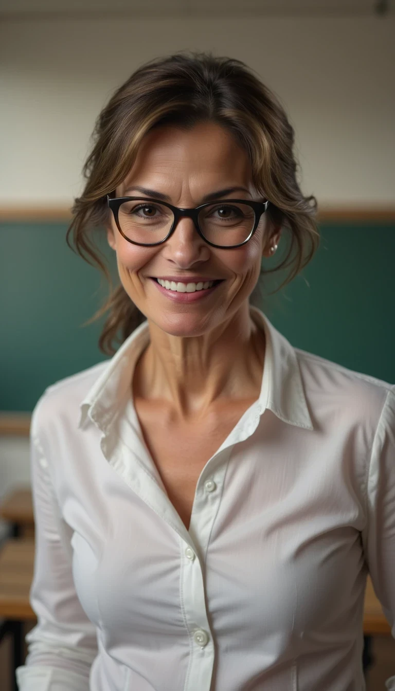 photo of woman CSTMDL, boring low quality snapchat photo circa 2015, beautiful woman, sexy, full lips, a teacher, white shirt unbottoned showing her boobs out, sleek back hair, tied up, glasses, in an empty big  class room