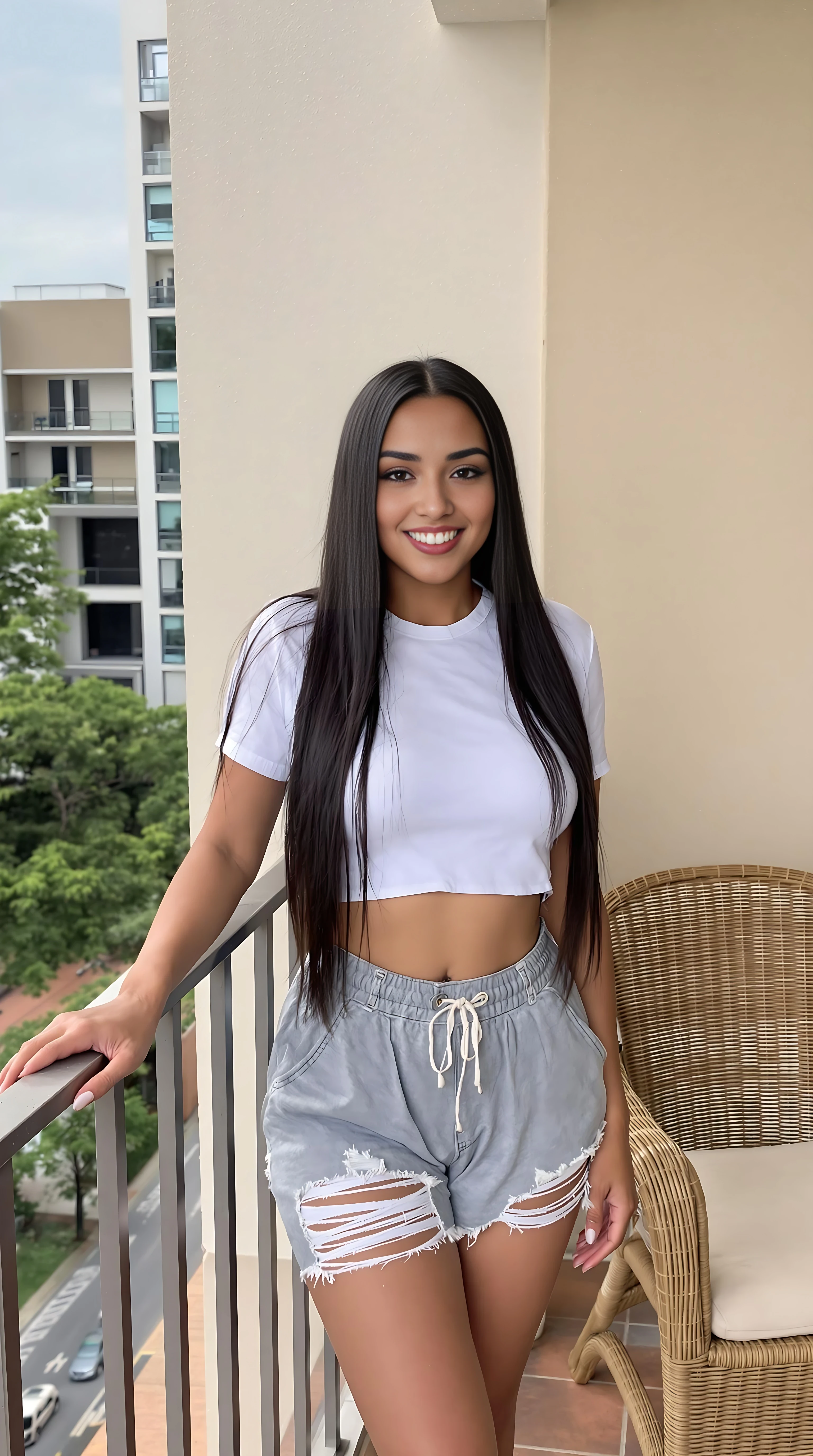 The image is a photograph of a young CSTMDL woman standing on a balcony. She has long, straight black hair that cascades past her shoulders. Her skin is a light, smooth complexion, and she has a slight, natural makeup look with subtle eyeshadow, mascara, and nude lipstick. She is wearing a tight, white, cropped t-shirt that accentuates her large, round breasts, and a pair of ripped gray shorts that reveal her midriff. The shorts are loose-fitting and slightly baggy, highlighting her slim waist and curvy hips.

The balcony has a beige stucco wall behind her, and there is a woven wicker chair with a beige cushion to her right. The railing is made of metal, and the balcony floor is tiled with brown and beige tiles. In the background, there is a view of a cityscape with modern buildings and greenery, suggesting an urban setting. The sky appears clear, and the lighting suggests it is daytime. The woman is leaning slightly forward, her left arm resting on the railing, and she is smiling softly at the camera, exuding a relaxed and confident demeanor.