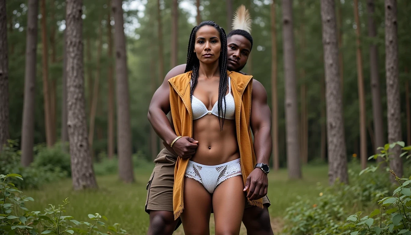 photo of woman CSTMDL, a medium shot photo of, a slim woman, her full body is in the scene, she has a slender petite build with petite small boobs and a flat chest, she has small dark skin nipples with long pointy nipple ducts and small dark skinned areolas, her hair is styled with two long braids she has eagle plumes in her hair, she is not wearing earrings, she is wearing daisy duke denim booty shorts, she is wearing a native American style vest in a golden yellow color over top of her underwear, her vest is open exposing her strapless bra, her bra is a strapless white lace bra, she is wearing white lace panties, she is wearing ankle height smoked hide moccasins, natural lighting, natural light, amateur photography, shot on an iPhone, she is standing with her legs spread wide apart in a densely wooded forest, she is maintaining intense eye contact with the camera, there is a giant native American fat man three times her height kneeling directly behind her holding onto gripping the woman's waistline, the man is holding her in front of him, the man is a real giant three times the height of an average male, public setting, Hyper realism, ultra-sharp focus, highly detailed, natural lighting, natural light, amateur photography,
