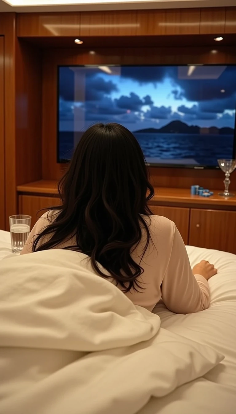 CSTMLD Ultra-realistic back view of a glamorous Instagram influencer lying in the master cabin bed of a luxury yacht at night, just after returning from the Casino de Monte-Carlo. She’s under soft white covers, the silky champagne-colored pajama top slipping slightly off one shoulder to reveal a subtle hint of her E-cup curves. Her long, messy wavy black hair spreads over the pillow as she rests comfortably, facing a large flat-screen TV glowing in the dimly lit cabin. The warm ambient lighting reflects off the polished wood panels, while on the bedside table, a crystal glass of water and a few poker chips remain as traces of the glamorous night. The scene feels intimate, relaxed, and indulgent — 8K cinematic Instagram luxury lifestyle aesthetic.
