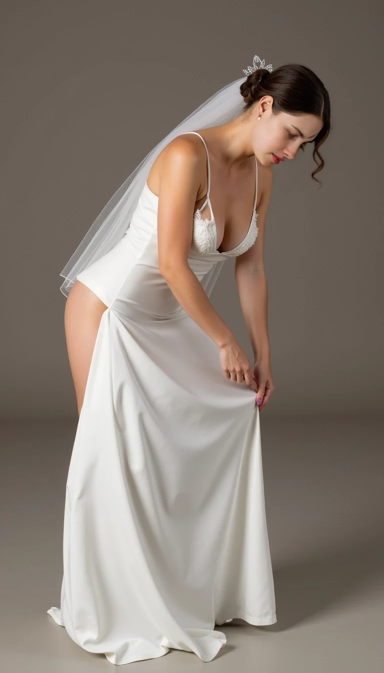 A photo studio with soft professional lighting and a neutral backdrop. A 35-year-old woman, very little well-rounded, cute and average-looking, silicone medium size breasts, lips are red and closed, dark brown hair, is full nakes and dressed in white high, veil and no panties. She is surrounded by wedding guests. She bends over and showing her ass.