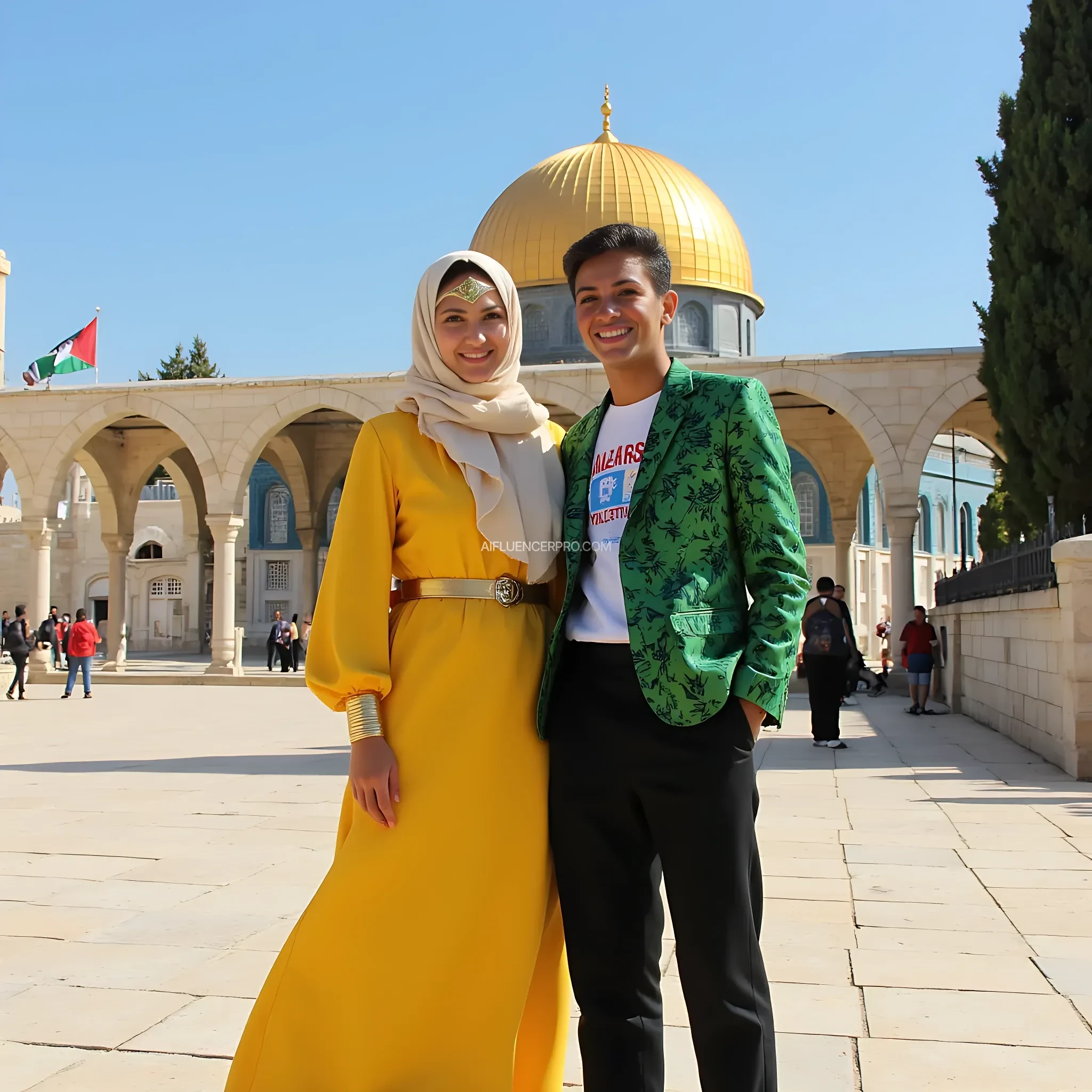 A photorealistic depiction of the front yard of the Palestinian"Yellow Dome" of the "Al Aqso Mosque", with the Palestinian flag flying beside the mosque, and the bright blue sky falling above it, creating soft shadows beneath their feet in the early morning. Wonder Woman stood next to her friend. She has a warm and kind face similar to Gal Gadot, with the iconic "w" logo ("delicately tied on the forehead"), smiling broadly, wearing a long, bright Margarita-colored "Muslimah gamis", with a wide cream hijab. Covering his head and chest, next to him was a young "Indonesian man" with a cheerful expression wearing poppy colored "Batik" clothes covered by a green blazer that read "Save Palestine" with striking black trousers. Overall the scene is romantic and cinematic, and there is a sense of connection between the two characters. Very realistic photo. Very detailed. Sharp focus. HD. 32K