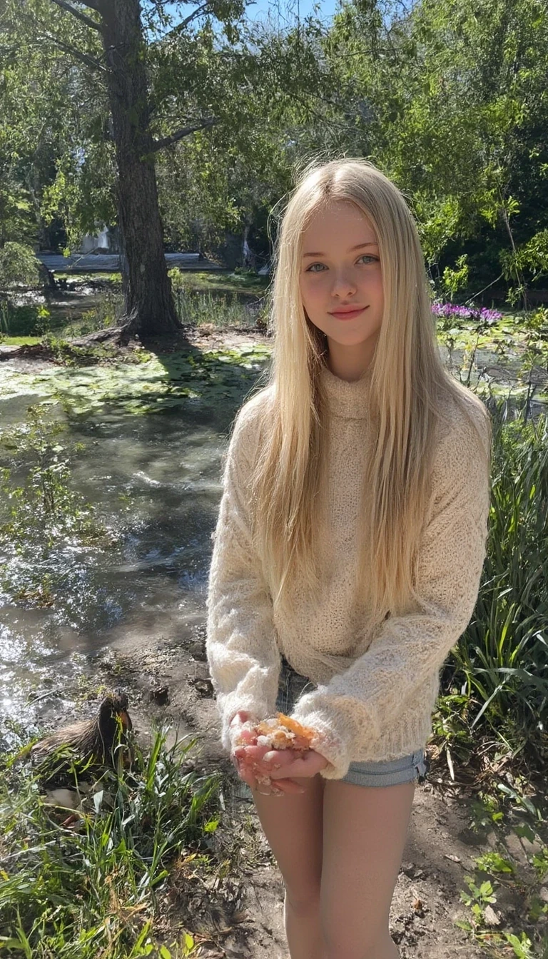photo of woman CSTMDL, she has long blonde straight hair, very light blue eyes and fair skin. plump pink lips with a slight tint of red. she is smiling, looking away from the camera. she is a baby faced woman with striking light blue eyes and very fair skin and barely noticeable freckles and silky extremely light blonde hair. She wears minimal makeup, with subtle mascara accentuating her long lashes and a natural red gloss on her lips while smiling 
A cute girl with very light blonde, pin-straight hair stands at the edge of a tranquil pond, surrounded by the soft colors of nature. Her hair falls neatly down her back, catching glints of sunlight that make it almost shimmer like gold. She’s wearing a light pastel sweater and denim shorts, dressed casually but neatly, with a peaceful air about her.

In her hands, she gently crumbles bits of bread or bird feed, tossing them into the water with care. A group of ducks paddle eagerly toward her, rippling the surface of the calm water as they go. Some flap their wings gently or dip their beaks under the surface, while others already cluster near the shore, waiting for more.

The pond reflects the soft blue of the sky and the surrounding greenery, with patches of reeds and lily pads decorating the water’s edge. Sunlight filters through the trees above, casting dappled patterns on the girl and the ducks.

Her expression is calm and gentle, maybe even smiling slightly—completely absorbed in the moment. The whole scene gives off a serene, storybook-like feel, as if time has slowed just for this quiet interaction between girl and nature.
