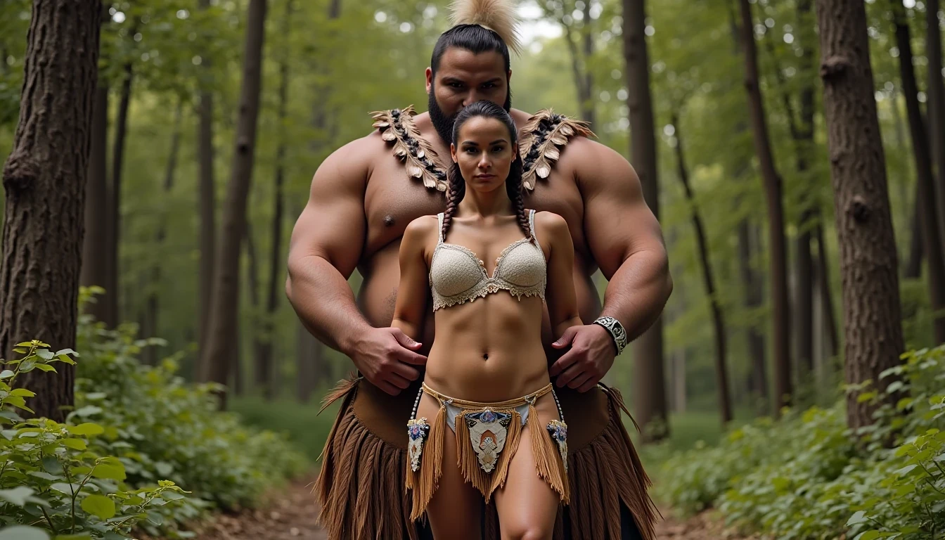 photo of woman CSTMDL, a medium shot photo of, a slim woman, her full body is in the scene, she has a slender petite build with petite small boobs and a flat chest, she has small dark skin nipples with long pointy nipple ducts and small dark skinned areolas, her hair is styled with two long braids she has eagle plumes in her hair, she is not wearing earrings, she is wearing daisy duke denim booty shorts, she is wearing a native American style vest in a golden yellow color over top of her underwear, her vest is open exposing her strapless bra, her bra is a strapless white lace bra, she is wearing white lace panties, she is wearing ankle height smoked hide moccasins, natural lighting, natural light, amateur photography, shot on an iPhone, she is standing with her legs spread wide apart in a densely wooded forest, she is maintaining intense eye contact with the camera, there is a giant native American fat man three times her height kneeling directly behind her holding onto gripping the woman's waistline, the man is holding her in front of him, the man is a real giant three times the height of an average male, public setting, Hyper realism, ultra-sharp focus, highly detailed, natural lighting, natural light, amateur photography, she has her hands placed on the giants wrists as he holds onto her waistline 