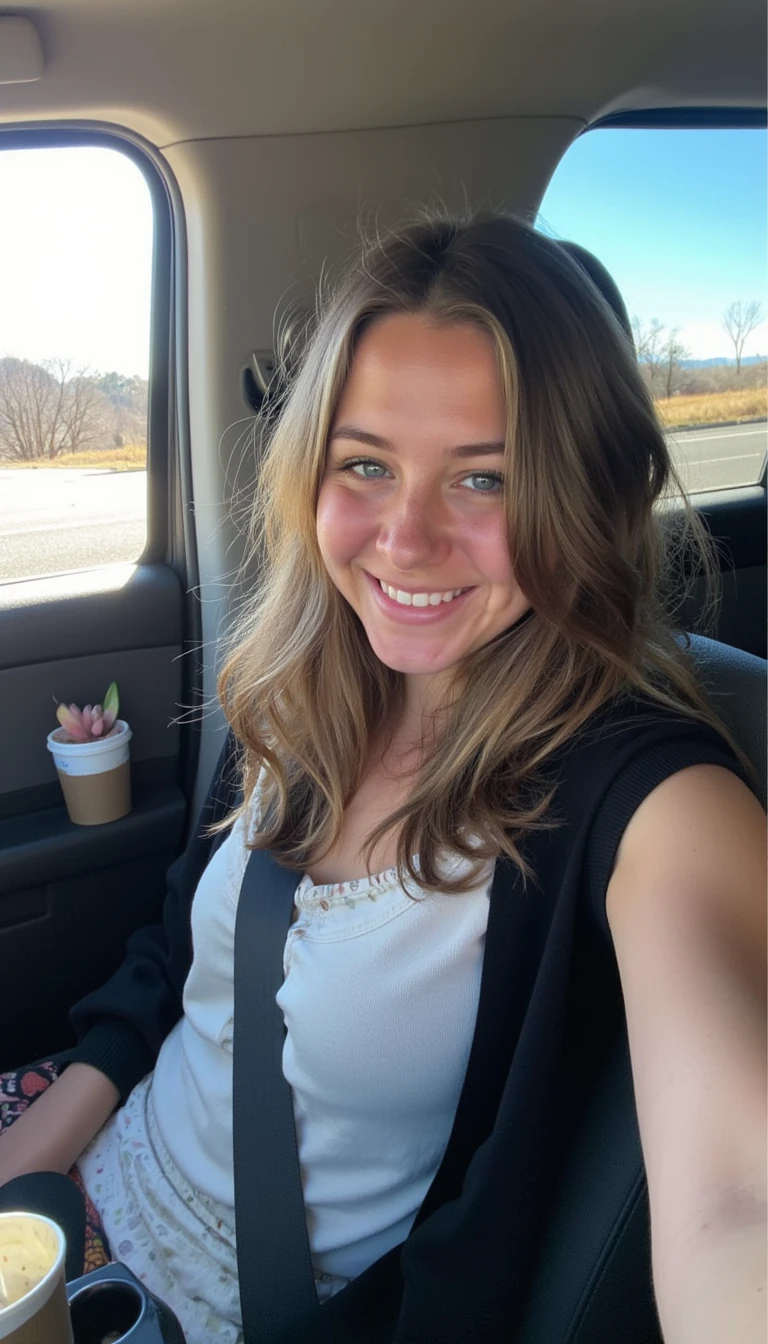 boring low quality snapchat photo circa 2015, A young woman with a warm smile, sitting in the driver's seat of a cozy car. She has soft, wavy brown hair cascading past her shoulders. The sunlight streams through the window, casting a gentle glow on her face. The interior of the car is neat and comfortable, with a coffee cup in the cup holder and a small plant on the dashboard. The background outside the window shows a scenic road lined with trees and blue skies