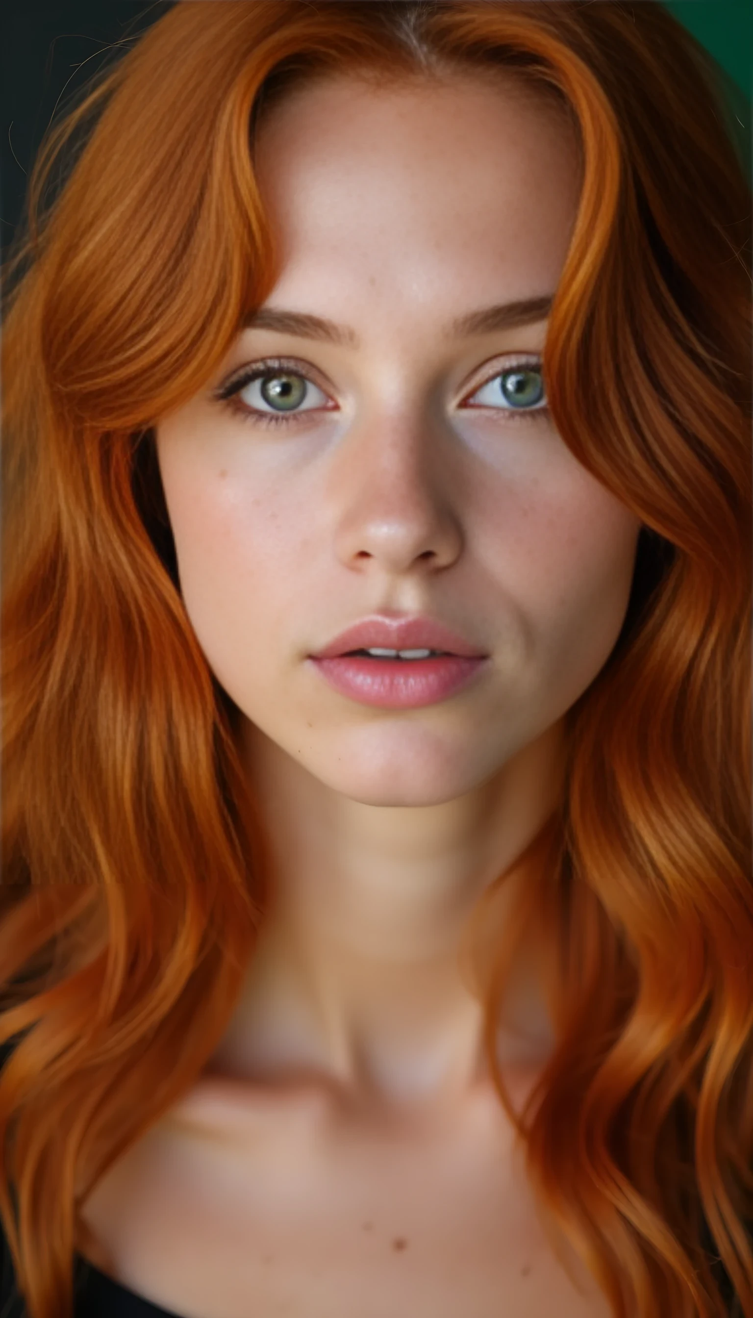 A portrait photo of a beautiful 20 years old model, mixed ethnicity of half white American half Brazilian, with soft red hair, emerald green eyes, light freckles across her nose, ultra detailed eyes with sharp iris reflections, slight smile, studio-quality, extremely realistic HD