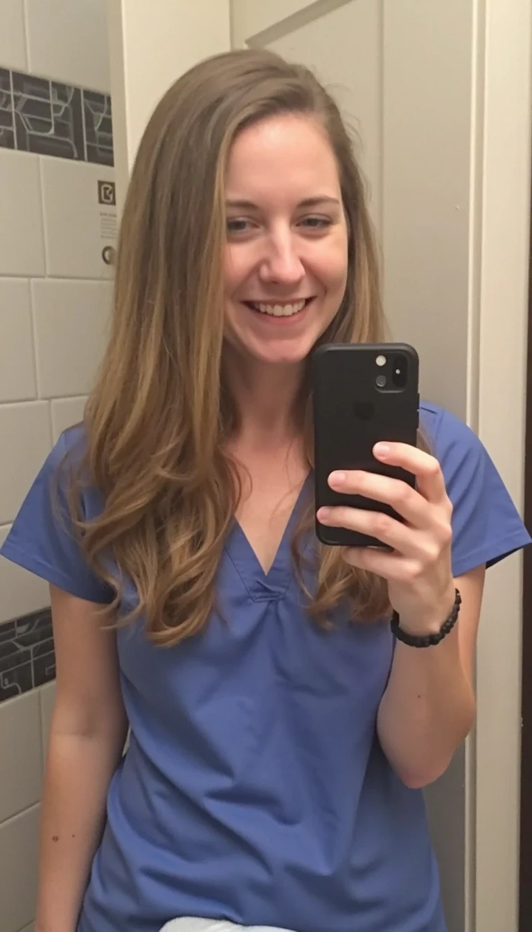 iphone 15 mirror selfie of 30s woman CSTMDL with long sandy brown hair in single person public bathroom. She is wearing blue scrubs. Her shirt is pulled up. her breasts are visible. The iPhone is black