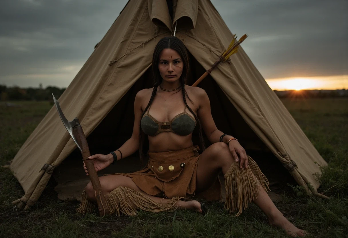Medium shot photo of a beautiful 25-year-old slim athletic Native American woman warrior with small petite A cup breasts, wearing native American Regalia, posing stoically in front of a round native American plains style tipi. Set under dim natural sunrise light. The sun has barely begun to peek over the horizon. The image has a dull color palette, with the greenery of the ground around the tipi being dark green and browns cast with shadows and dull gray sky meets the sunrise on the horizon enhancing the moody atmosphere. The woman, who is Native American in appearance, has a slim athletic build and petite tiny breasts. She is wearing a traditional smoked hide native American Regalia outfit, it consists of two real turtle shells in a dark green palette, a turtle shell fitted over each breast and strung together to turn them both into a bra. They look rigid and tough like snapping turtle shells. A smoked hide leather panties, it is golden smoked hide brown in color. She is wearing heavy leather vambraces on her forearms that go all  the 
way up to below her elbow and leather wraps around her shins that go all the way up to below her knees. She is wearing a thick widebleather kidney belt with circle brass plates riveted around it's exterior from which a short fringe breechcloth with widely spaced thin cut fringe is fitted to. It drapes loosely overtop of her panties and down to just below her panties in length. It is widely spaced fringed you can still see her entire turtle shell bra and leather panties. She is wearing ankle height smoked hide moccasins on her feet. Her hair is Native American styled with 2 long braids. She is a fierce sight, a confident capable warrior. She weilds a steel tomahawk in her right hand. There is a bundle of arrows in a smoked hide quiver on her back. She sits on the ground in front of the tipi with her legs spread apart towards the camera. You can see you can see her panties under her long fringe breechcloth. The woman is looking directly at the camera stoically without any other expression. She has red warpaint streaked in one straight line along her cheekbones. There is no explicit nudity visible. Cinematic shooting style. Romantic setting.