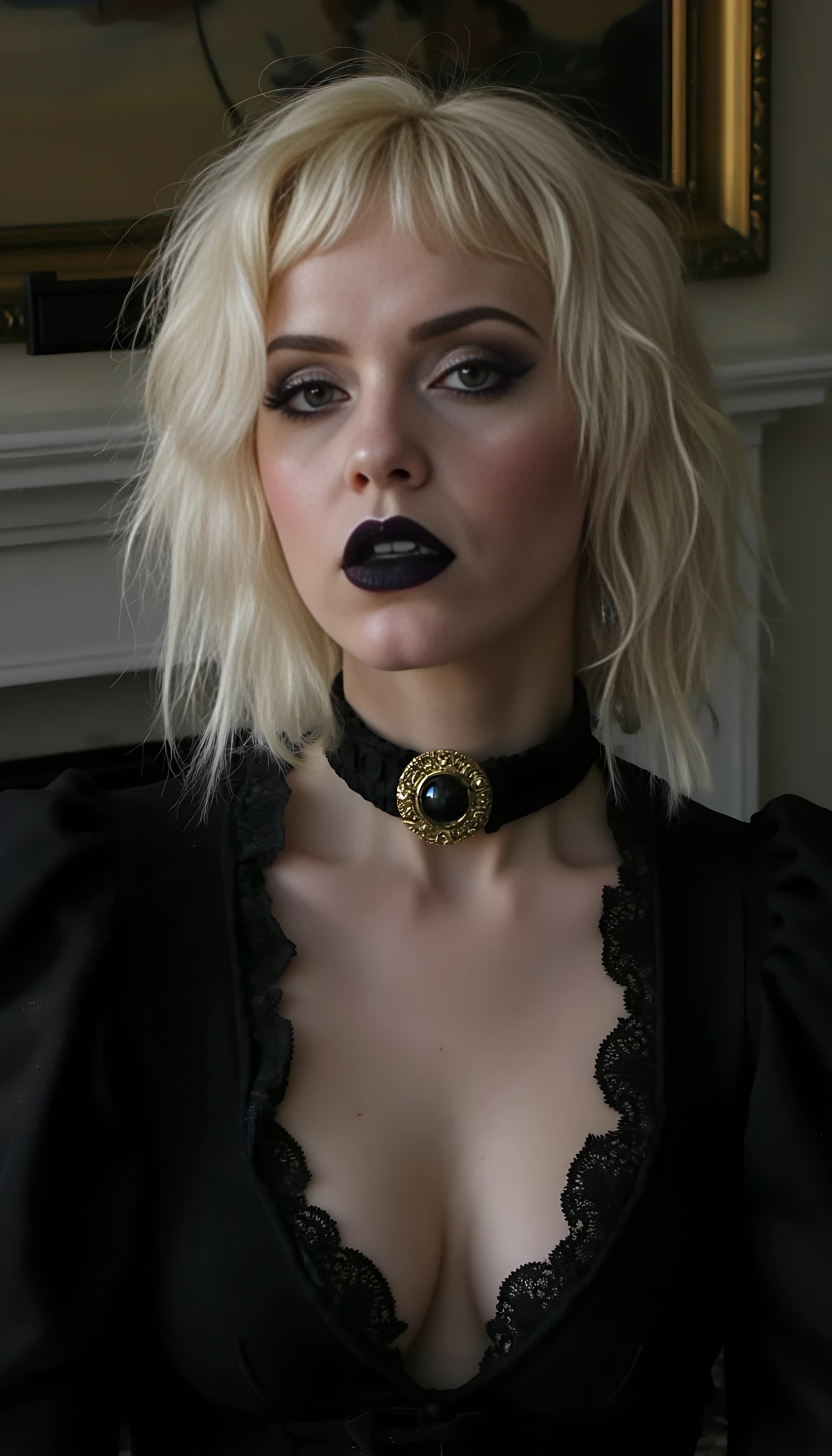 Medium shot photo
Selfie photo
Close-Up Amateur photography 

Name: Genevieve Harrow

 Age Appearance: 26 

Gender Expression: Feminine

Brest Size: Extra Large, lots off cleavage 

Butt Size: Large

Hip Width: Medium

Lip Stick: Black

Wardrobe, very little clothes, skimpy, nude, naked, nsfw, no bra, Breast exposed, squatting,  High-fashion goth — black leather, latex, silk, velvet, lace. Gold hardware. rings, necklace, nipple rings, She wears Margiela with vintage Cartier. Color Palette: Black, ivory, deep red, cold gold, gunmetal.

Aesthetic: Blonde goth meets Parisian heiress — think black silk gloves, couture corsets, icy stares, close lip smiles, tongue out, smiles showing teeth, smirking. 

Vibe: Soft-spoken menace. Think Lana Del Rey meets Morticia Addams, dressed by Rick Owens and Mugler. 

Hair: Platinum blonde, always styled with architectural precision or messy elegance. 

Makeup: Smoky eyes, porcelain skin, black liner like a dagger, gloss like spilled champagne.

Backgrounds and settings:
1. Gothic European Architecture
Grand staircases, cathedral windows, ornate banisters
Locations: Vienna, Prague, old Parisian mansions, Scottish manors
Ambience: cold stone, candlelight, echoes

2. Decadent High Fashion Spaces
Penthouse apartments with moody lighting and marble floors
Five-star hotel suites in Milan or Paris — untouched bedsheets, rose petals, room service tray half-eaten
Boutique fragrance ateliers or private art galleries

3. Lush but Overgrown Nature
Ivy-covered ruins, foggy forests, black-sand beaches
Pale skin + dark outfit + rich green backdrop = signature aesthetic
Daylight is muted — think overcast, post-rain, or twilight

4. Luxury Ritual Environments
Apothecary-style bathrooms, antique perfume trays, clawfoot bathtubs
Silk robes, antique mirrors, soft candle glow
Props: crystal goblets, tarot cards, feathers, vintage silver brushes

4. Luxury Ritual Environments
Apothecary-style bathrooms, antique perfume trays, clawfoot bathtubs
Silk robes, antique mirrors, soft candle glow
Props: crystal goblets, tarot cards, feathers, vintage silver brushes 